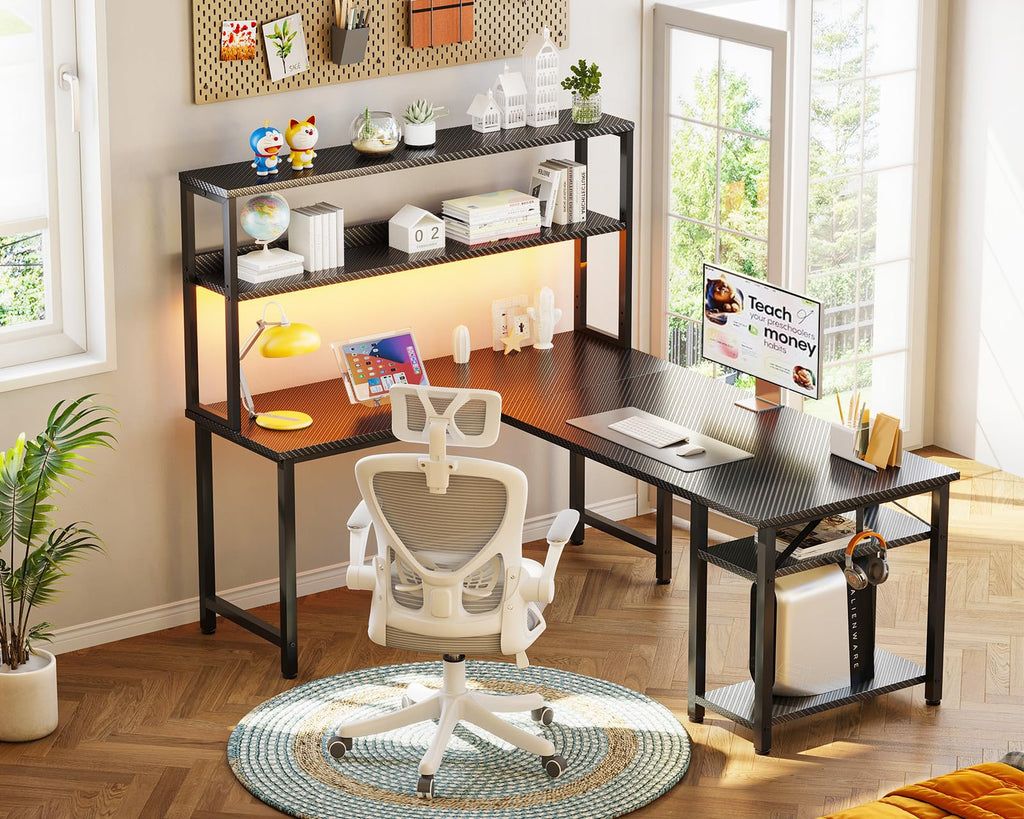 ODK 53" L Shaped Gaming Desk with Hutch & Headphone Hook, Corner Computer Table with Storage Shelves for Home Office, Black - Flex Gamingproduct_type