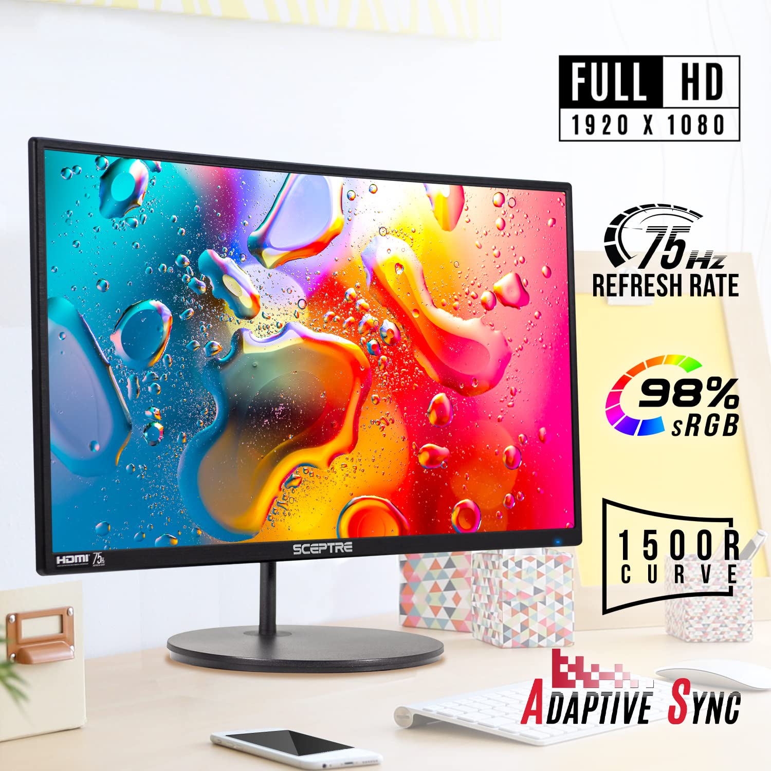 Sceptre Curved 27-inch Prime Monitor up to 100Hz 1080p, HDMI x2, VGA, 99% sRGB, Built-in Speakers, R1500, Machine Black 2025 (C275W-1920RN Series) - Flex Gamingproduct_type