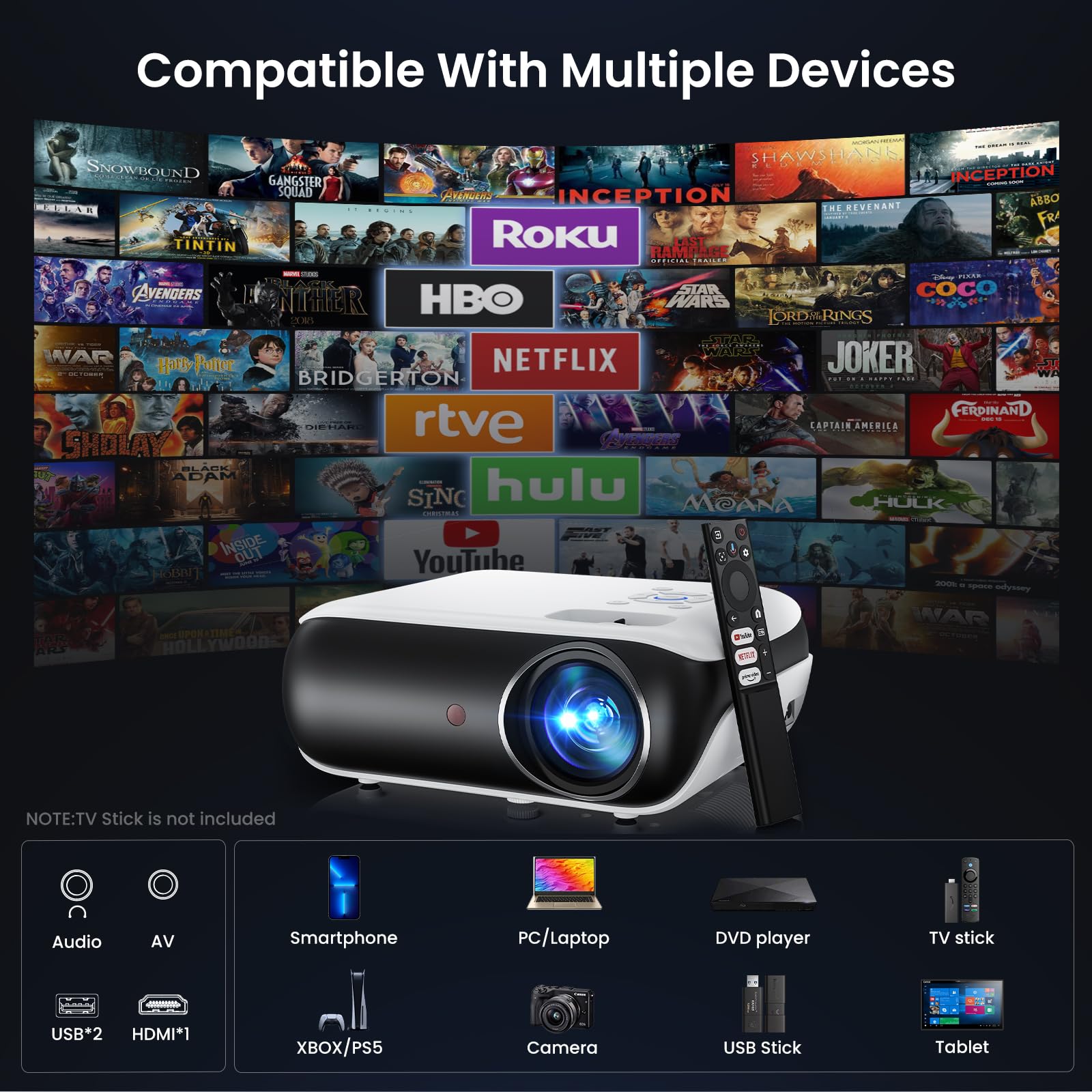 HAPPRUN Native 1080P Projector, Bluetooth Home Theater Movie Projector with Built-in Speaker, Compatible with Smartphone, HDMI, Fire Stick, PS5, Indoor & Outdoor Use - Without Google TV System - Flex Gamingproduct_type