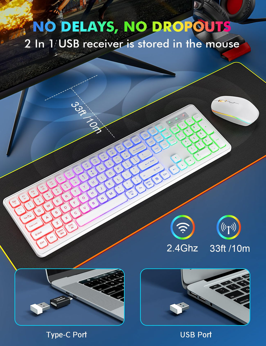 Wireless Keyboard and Mouse Combo, RGB Backlit, Rechargeable & Light Up Letters, Full-Size, Soft Typing, Sleep Mode, 2.4GHz Quiet Keyboard Set for Mac, Windows, Laptop, PC, Trueque KM42Pro (Black) - Flex Gamingproduct_type