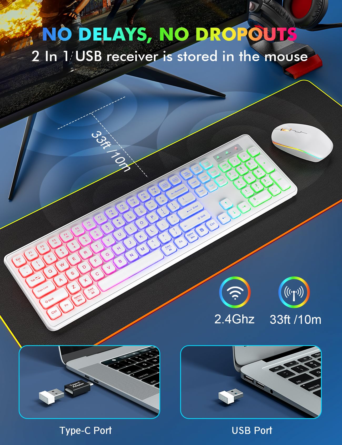 Wireless Keyboard and Mouse Combo, RGB Backlit, Rechargeable & Light Up Letters, Full-Size, Soft Typing, Sleep Mode, 2.4GHz Quiet Keyboard Set for Mac, Windows, Laptop, PC, Trueque KM42Pro (Black) - Flex Gamingproduct_type