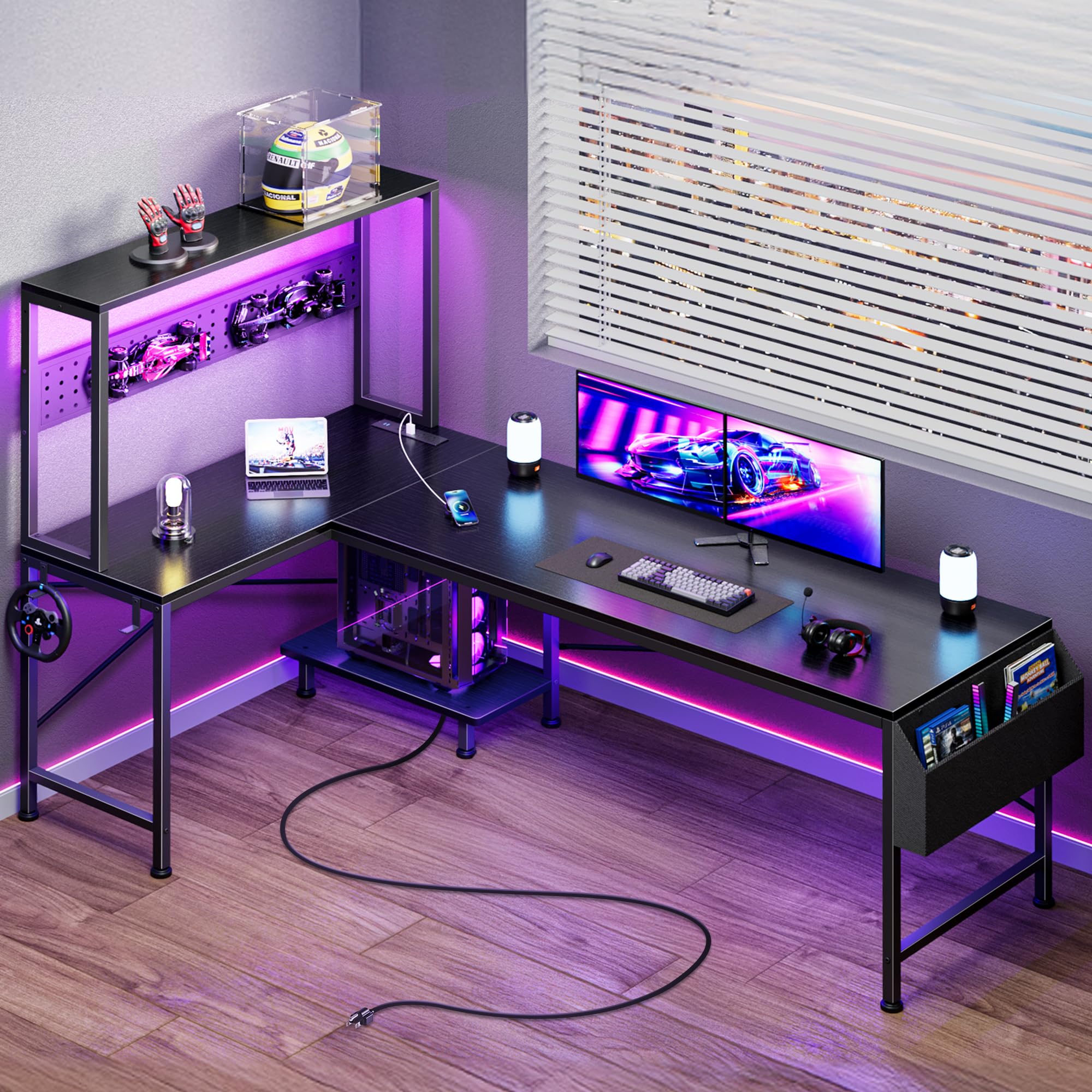 PRAISUN L Shaped Gaming Desk with LED Lights & Power Outlets, Reversible Computer Desk with Storage Shelves & Bag, Large Corner Home Office Desk with Pegboard for Work from Home, Black - Flex Gamingproduct_type
