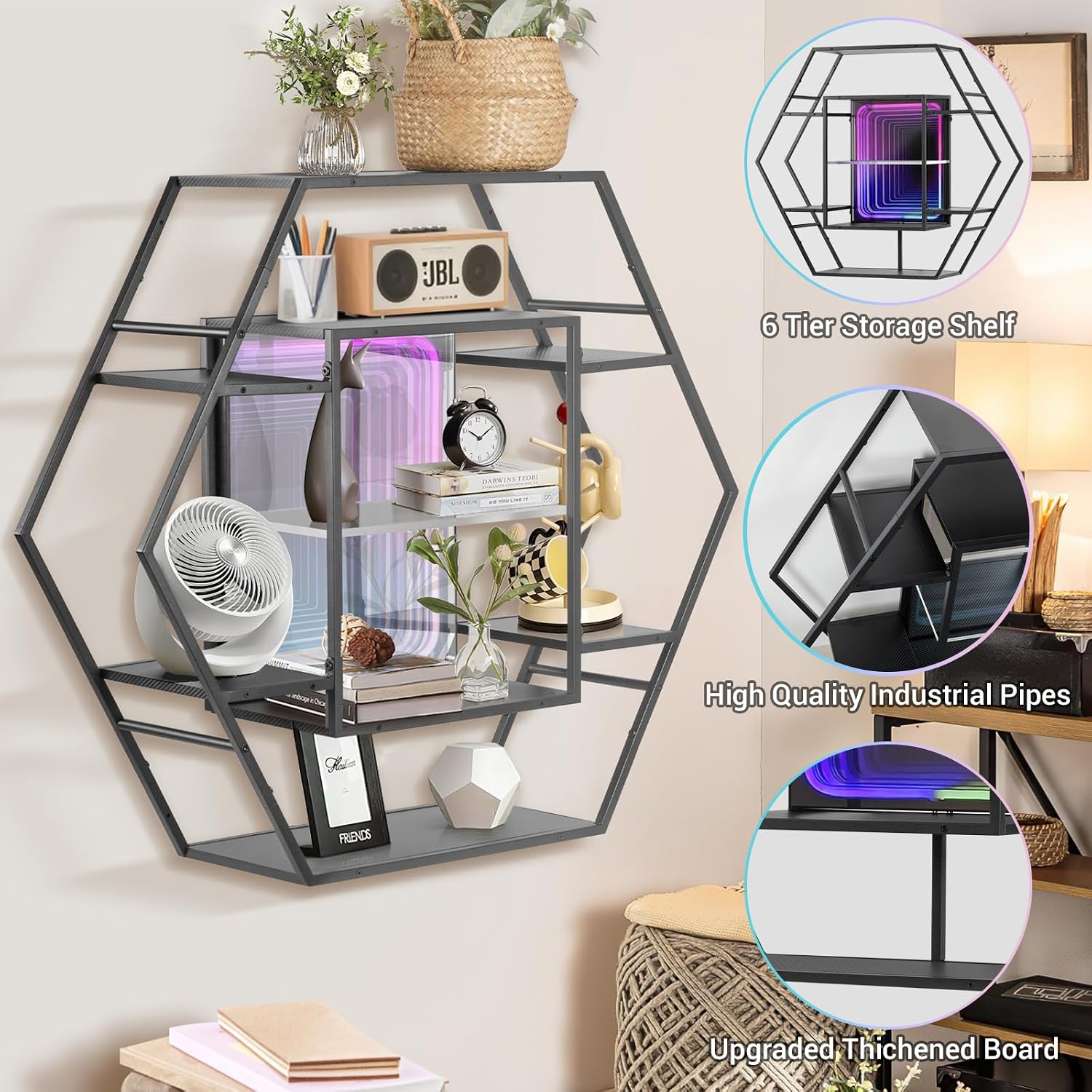 FUSLITE Infinity Mirror Gaming Floating Shelves with LED Lights, Hexagon Wall Mounted LED Shelf with RGB App Control, 36.6" Large Display Rack for Gaming Room Decor, Action Figures, Collectibles - Flex Gamingproduct_type