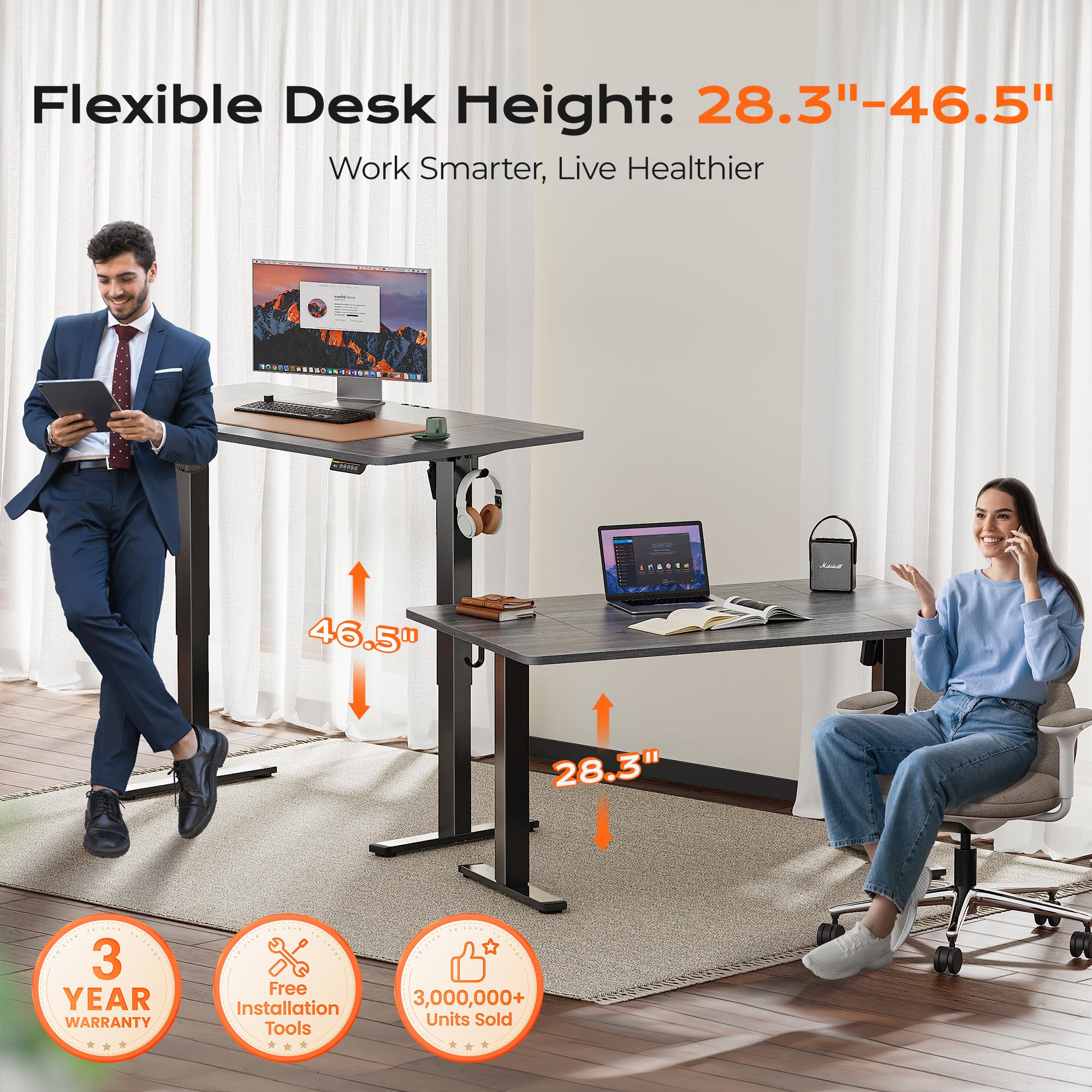 Huuger 55 x 28 Large Electric Standing Desk, Height Adjustable Computer Desk, 27.6" Deep Desktop, Stand up Gaming Office Table with 2 Hooks, 3 Preset Heights, for Home Office, Black - Flex Gamingproduct_type