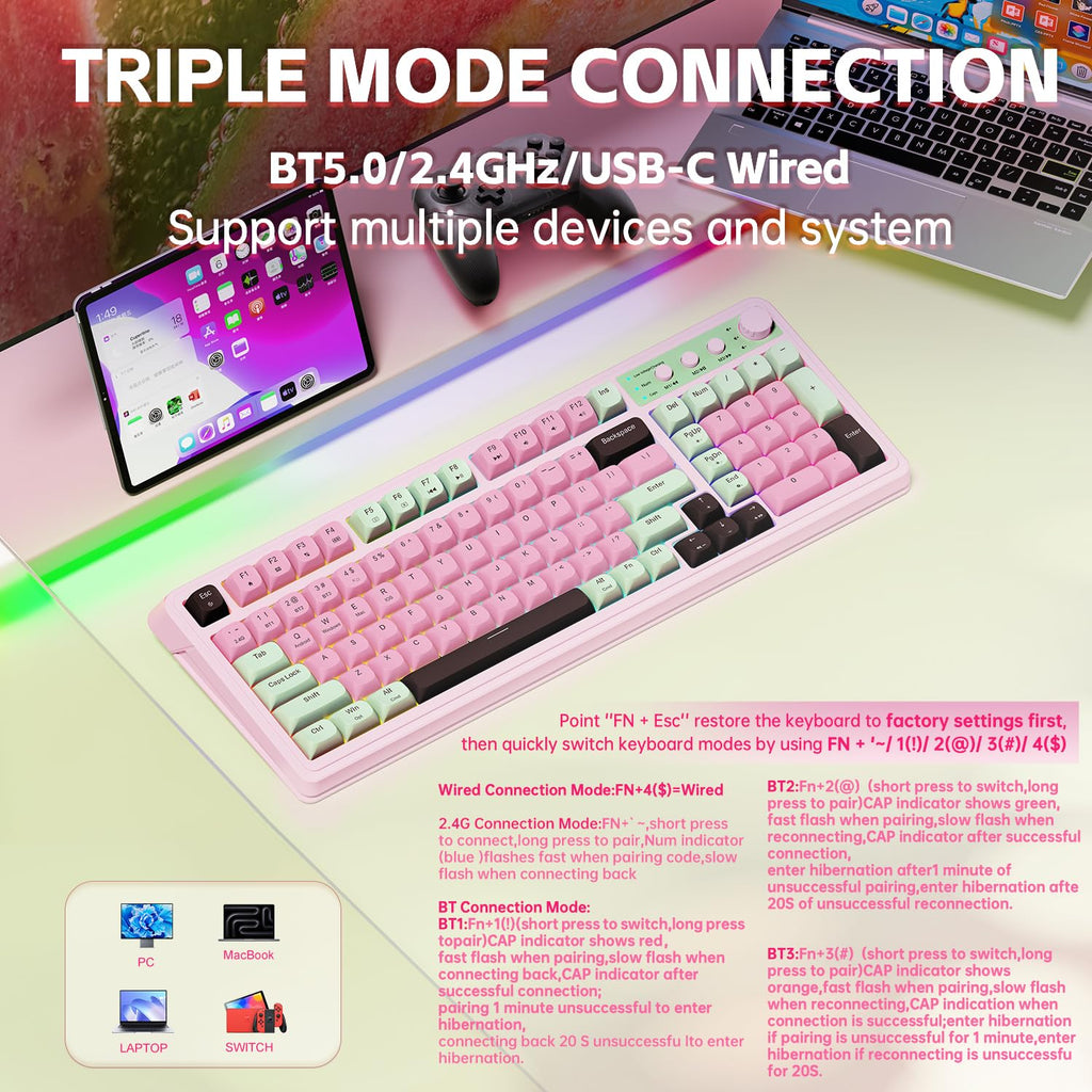 AULA 99 Key Keyboard, Wireless Gaming Keyboard Bluetooth Computer Keyboards Creamy Cute with Number Pad RGB Backlit Tri-Mode BT/2.4GHz/USB-C - Pink - Flex Gamingproduct_type