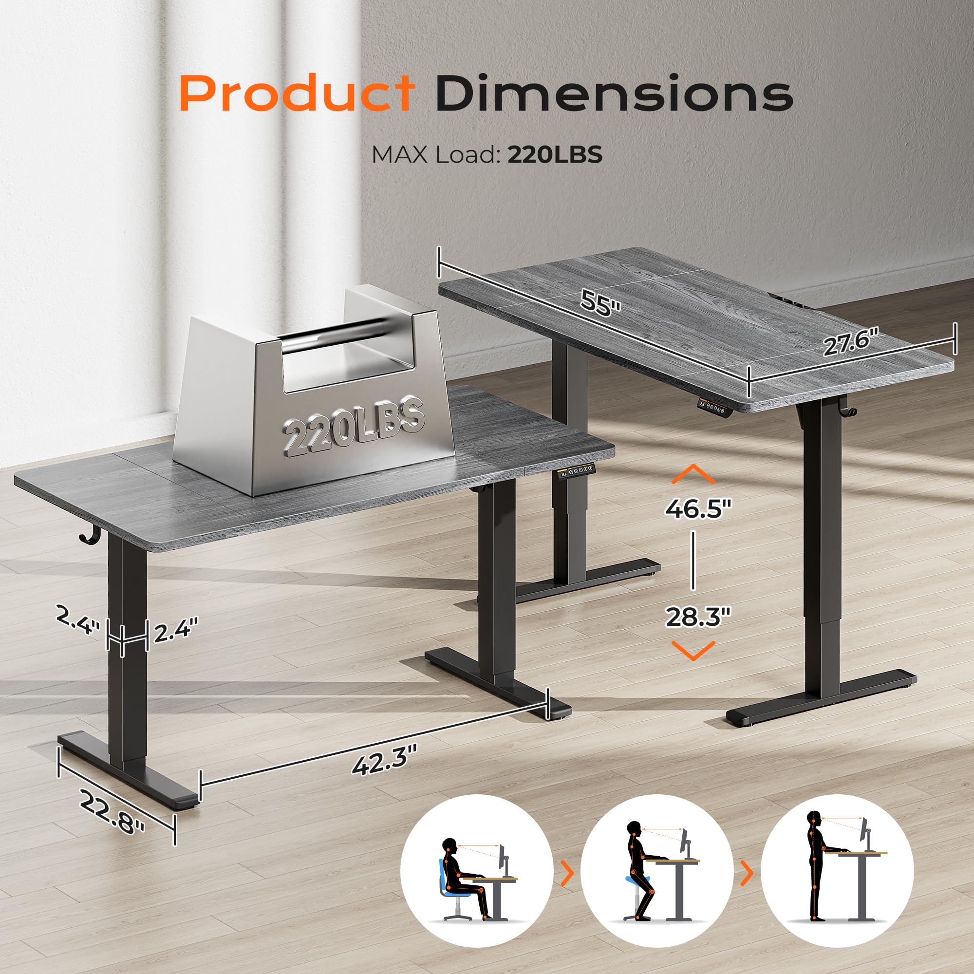 Huuger 55 x 28 Large Electric Standing Desk, Height Adjustable Computer Desk, 27.6" Deep Desktop, Stand up Gaming Office Table with 2 Hooks, 3 Preset Heights, for Home Office, Black - Flex Gamingproduct_type