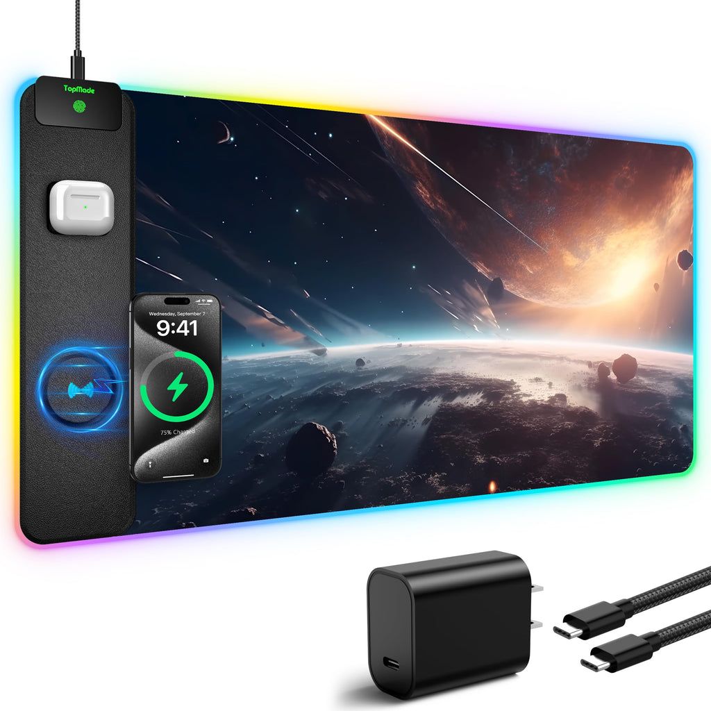 TopMade Wireless Charging RGB Mouse Pad, Waterproof Gaming Desk Mat with 4 Light Modes & 11 RGB Colors, 31.5"x15.75" XXL Large Desk Pad(Includes 20W PD Power Adapter & 6.56ft Woven Cable) - Flex Gamingproduct_type