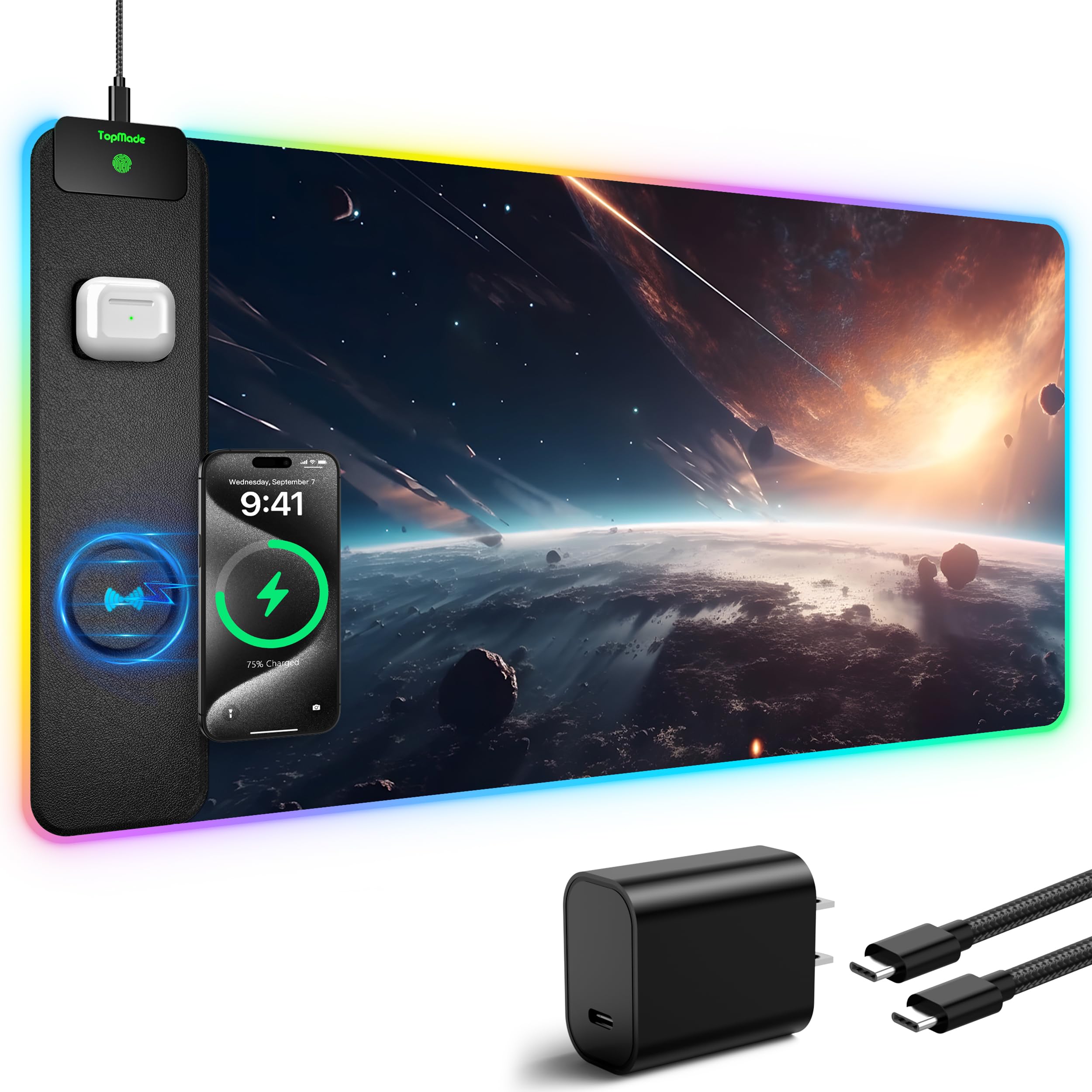 TopMade Wireless Charging RGB Mouse Pad, Waterproof Gaming Desk Mat with 4 Light Modes & 11 RGB Colors, 31.5"x15.75" XXL Large Desk Pad(Includes 20W PD Power Adapter & 6.56ft Woven Cable) - Flex Gamingproduct_type