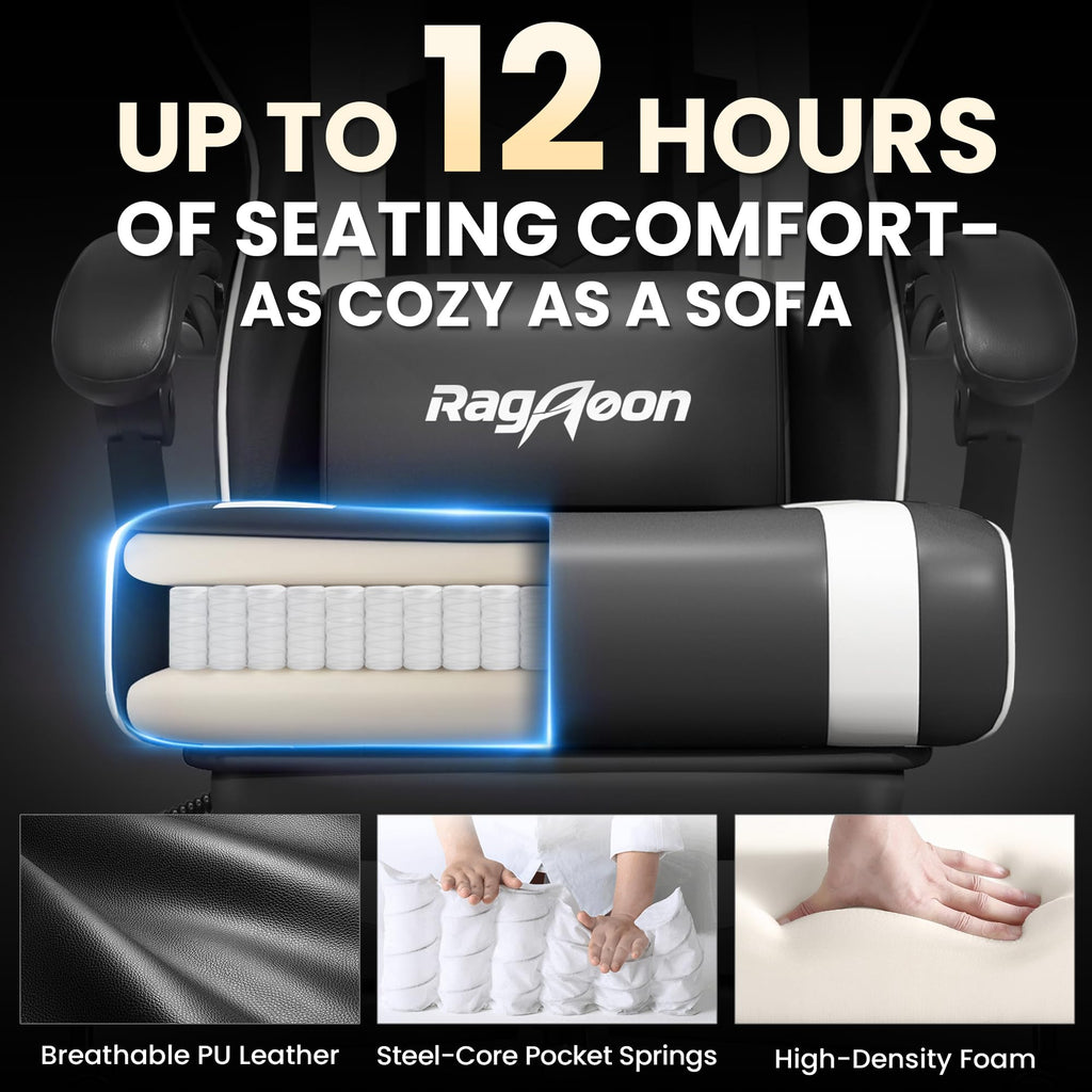 Gaming Chair for Adults Gamer Game Ergonomic PC Chair, 7-Point Support | Pocket Springs & Foam,51cm Wide Seat,Sync Armrests, 90°-135° Backrest, PU Leather, Black and White, 400lbs Load - Flex Gamingproduct_type