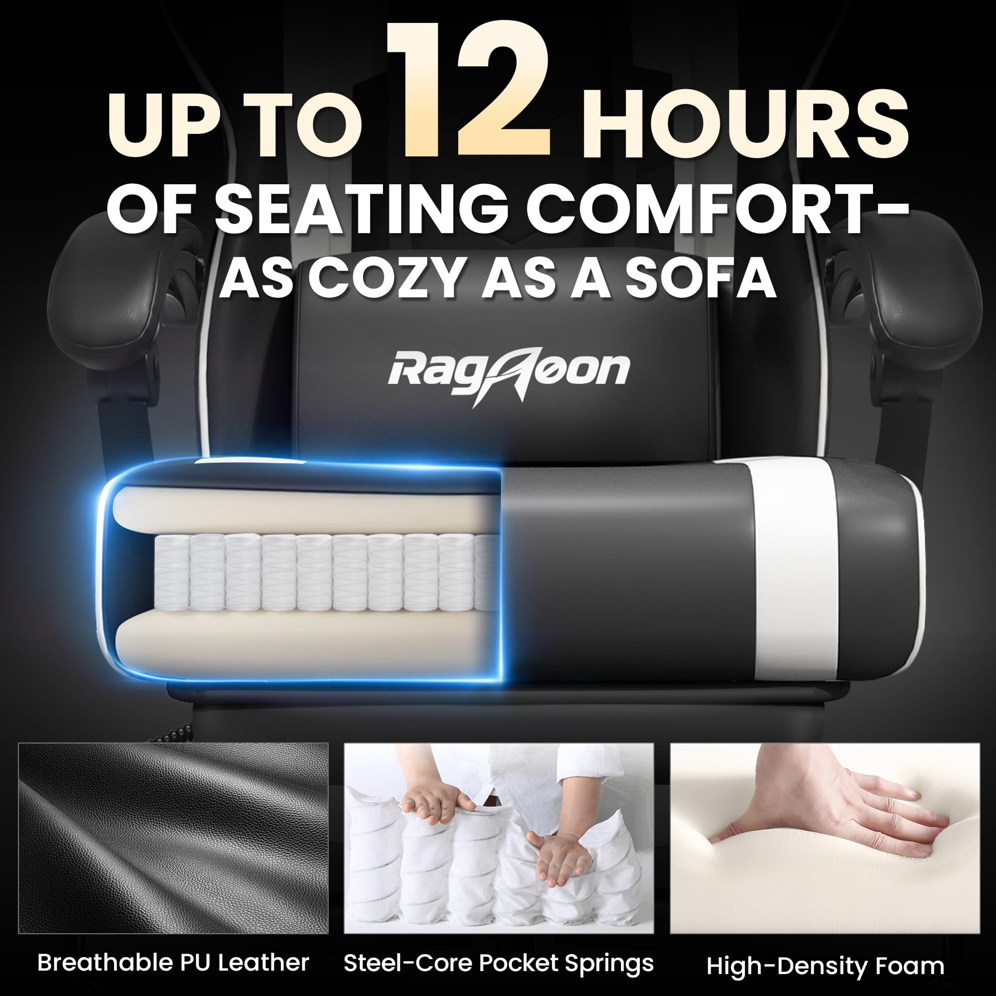 Gaming Chair for Adults Gamer Game Ergonomic PC Chair, 7-Point Support | Pocket Springs & Foam,51cm Wide Seat,Sync Armrests, 90°-135° Backrest, PU Leather, Black and White, 400lbs Load - Flex Gamingproduct_type