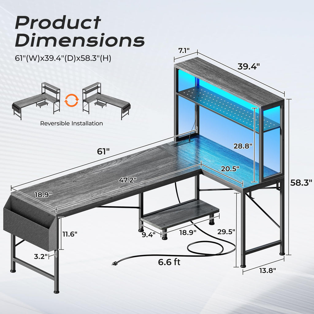 PRAISUN L Shaped Gaming Desk with LED Lights & Power Outlets, Reversible Computer Desk with Storage Shelves & Bag, Large Corner Home Office Desk with Pegboard for Work from Home, Black - Flex Gamingproduct_type