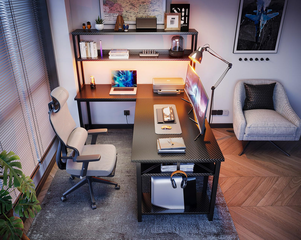 ODK 53" L Shaped Gaming Desk with Hutch & Headphone Hook, Corner Computer Table with Storage Shelves for Home Office, Black - Flex Gamingproduct_type
