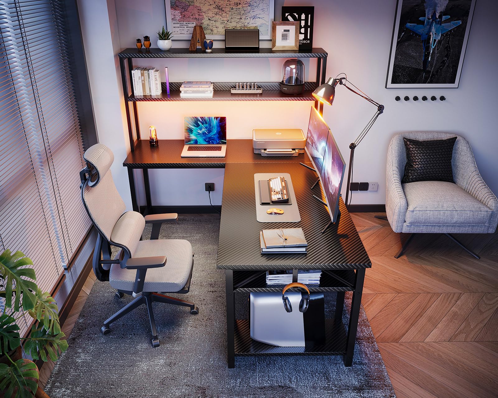 ODK 53" L Shaped Gaming Desk with Hutch & Headphone Hook, Corner Computer Table with Storage Shelves for Home Office, Black - Flex Gamingproduct_type