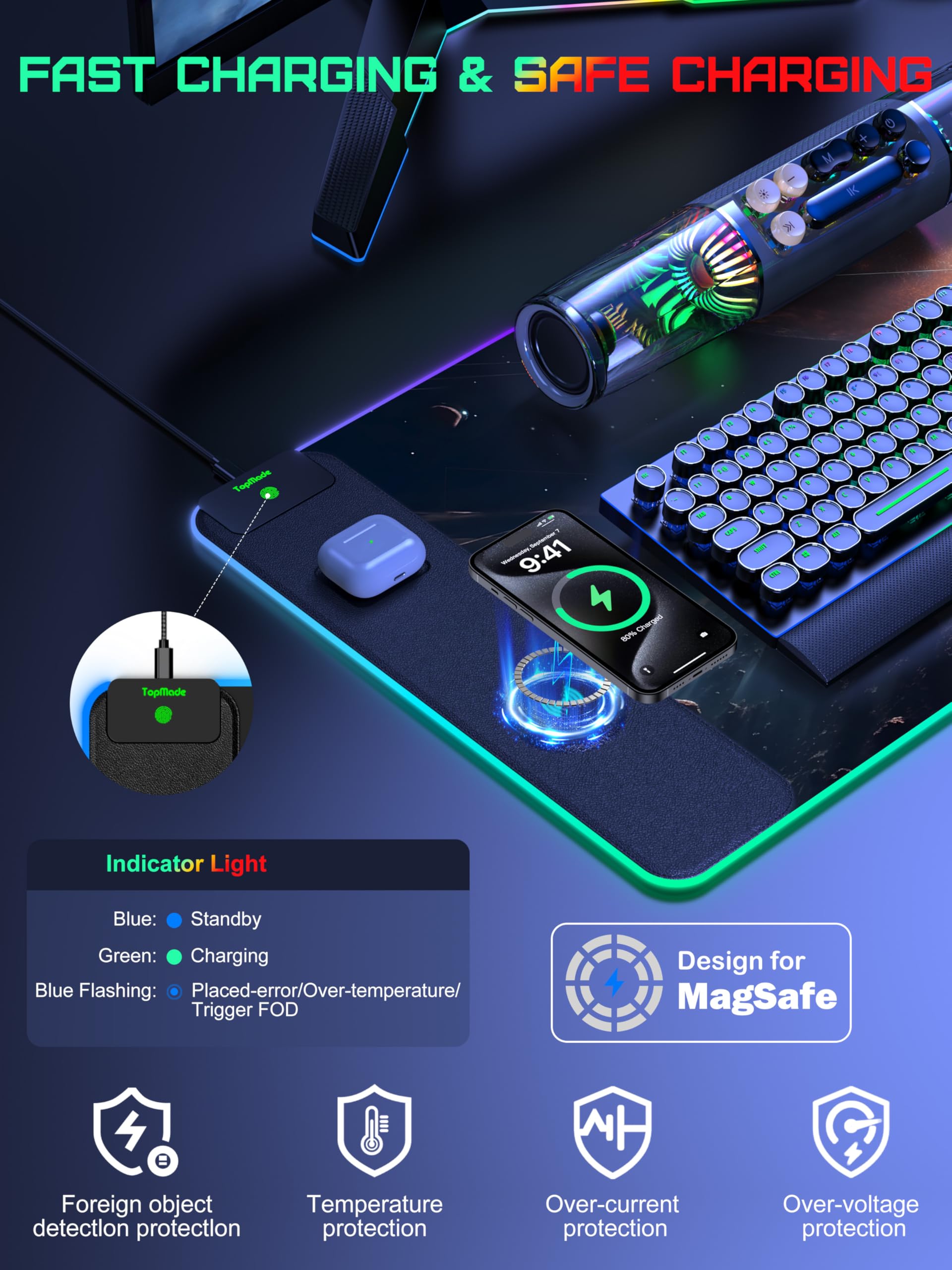 TopMade Wireless Charging RGB Mouse Pad, Waterproof Gaming Desk Mat with 4 Light Modes & 11 RGB Colors, 31.5"x15.75" XXL Large Desk Pad(Includes 20W PD Power Adapter & 6.56ft Woven Cable) - Flex Gamingproduct_type