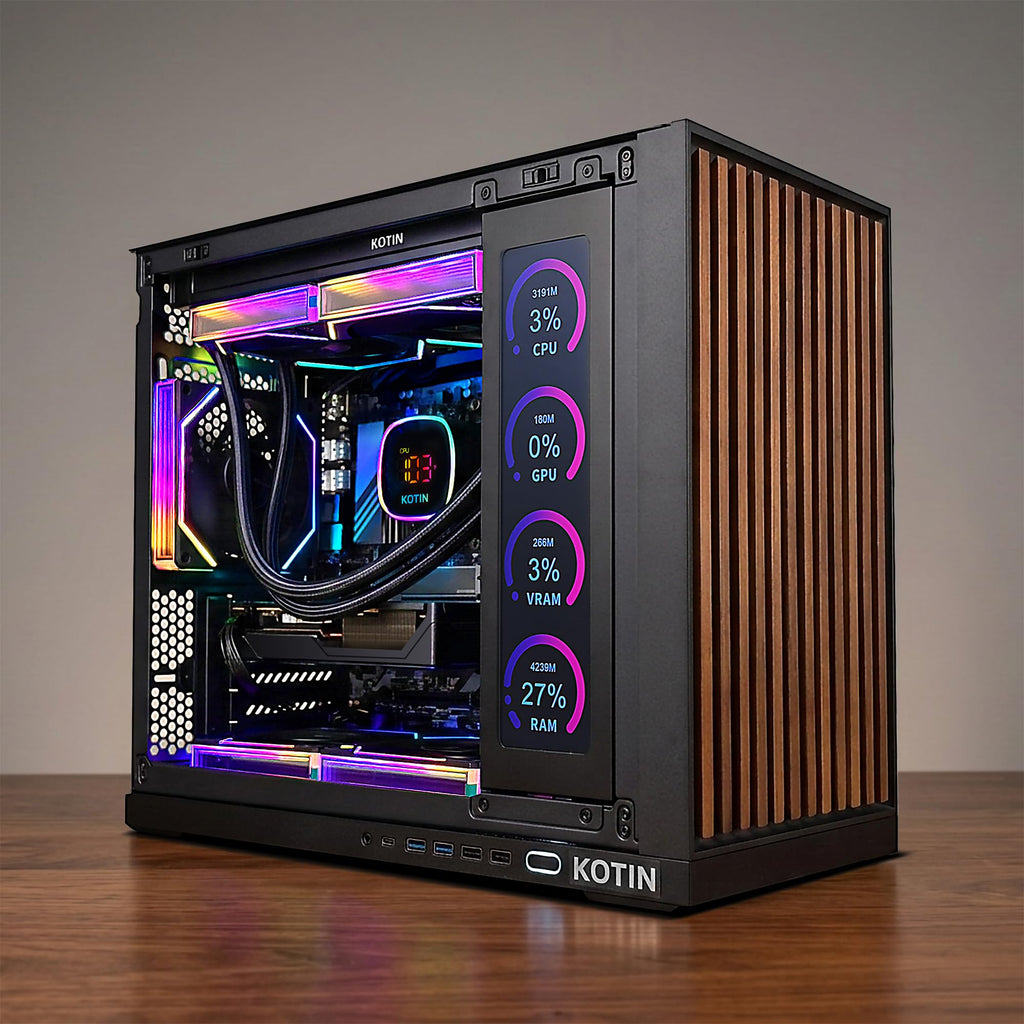KOTIN Prebuilt Gaming PC RTX 5070 12GB, Ryzen 7 9700X, 32GB DDR5, 1TB SSD | 11.3in Secondary Display, 850W 80+ Gold PSU, 360mm Liquid Cooler, WiFi 7, 1440p 4K ARGB Windows 11 Gaming Desktop Computer - Flex Gamingproduct_type