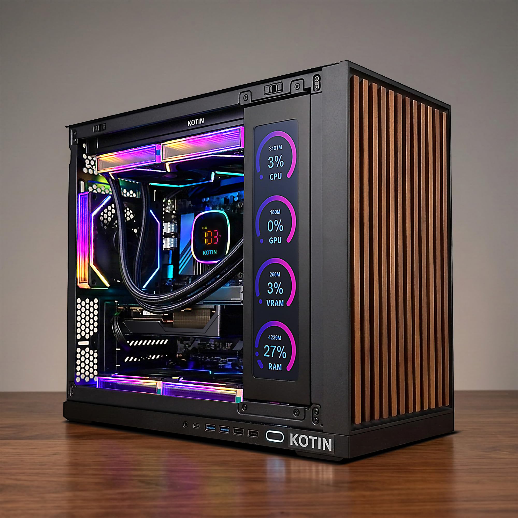 KOTIN Prebuilt Gaming PC RTX 5070 12GB, Ryzen 7 9700X, 32GB DDR5, 1TB SSD | 11.3in Secondary Display, 850W 80+ Gold PSU, 360mm Liquid Cooler, WiFi 7, 1440p 4K ARGB Windows 11 Gaming Desktop Computer - Flex Gamingproduct_type