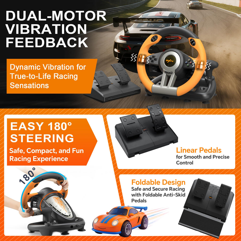 PXN V3 Pro Gaming Steering Wheel with Pedals | Dual Motor Vibration Feedback, Beginner Sim Racing Wheel for PC, PS4, Xbox Series S, Xbox Series X, Xbox One and Switch - Flex Gamingproduct_type