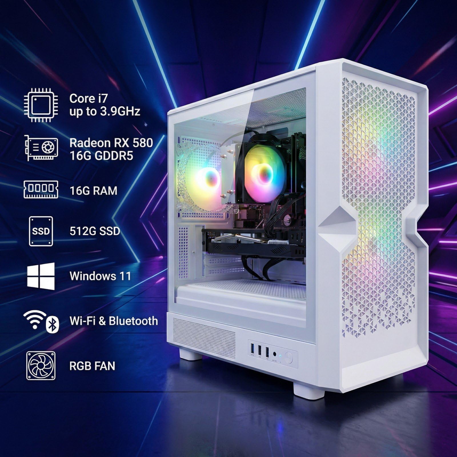 STGAubron Gaming PC Desktop Computer, Intel Core i7 up to 3.9GHz, Radeon RX 580 8G, 16G RAM, 512G SSD, WiFi 6, BT 5.0, RGB Fan x4, Windows 11 Home - Flex Gamingproduct_type