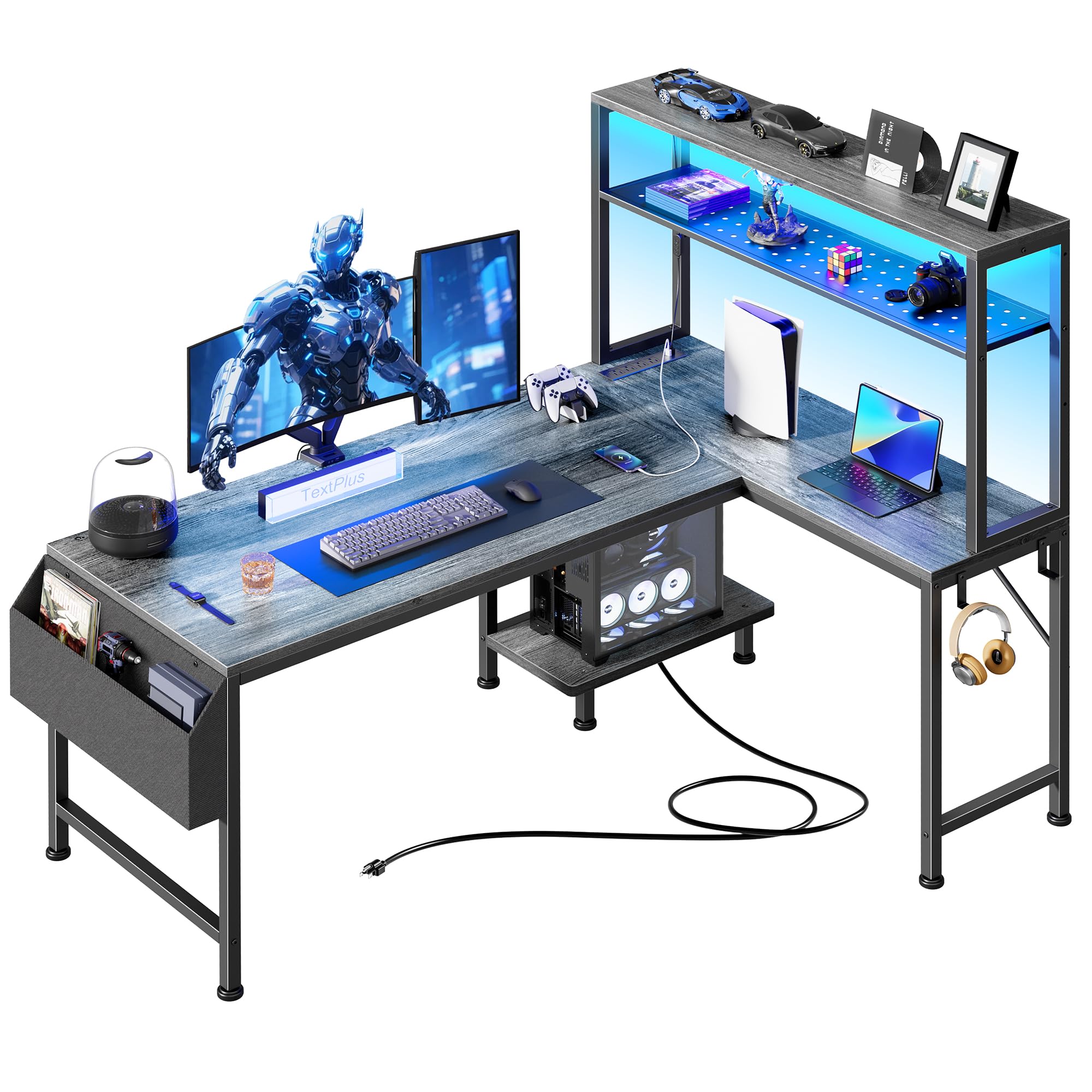 PRAISUN L Shaped Gaming Desk with LED Lights & Power Outlets, Reversible Computer Desk with Storage Shelves & Bag, Large Corner Home Office Desk with Pegboard for Work from Home, Black - Flex Gamingproduct_type
