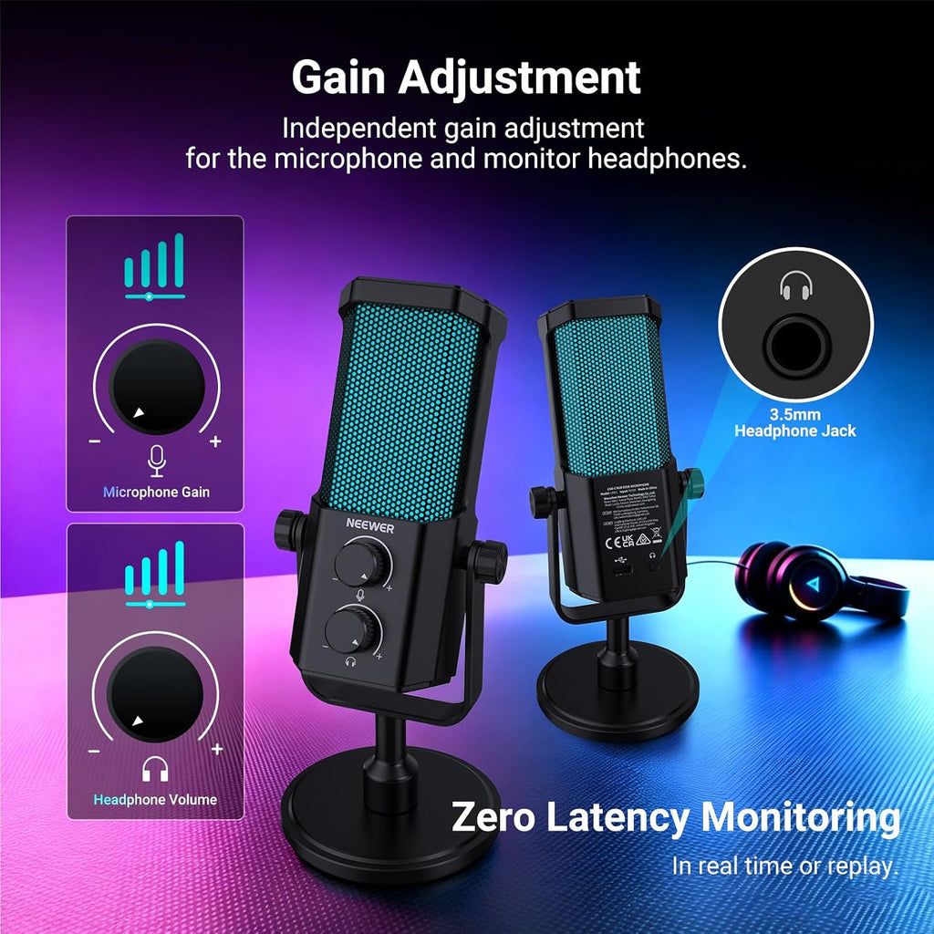 NEEWER UM01 AI Noise Canceling USB Microphone, Plug & Play Cardioid RGB Condenser Mic Mute/Music Sync/App Control for Android Windows PC Mac PS4/5 Gaming Recording Streaming Podcasting Studio Computer - Flex Gamingproduct_type