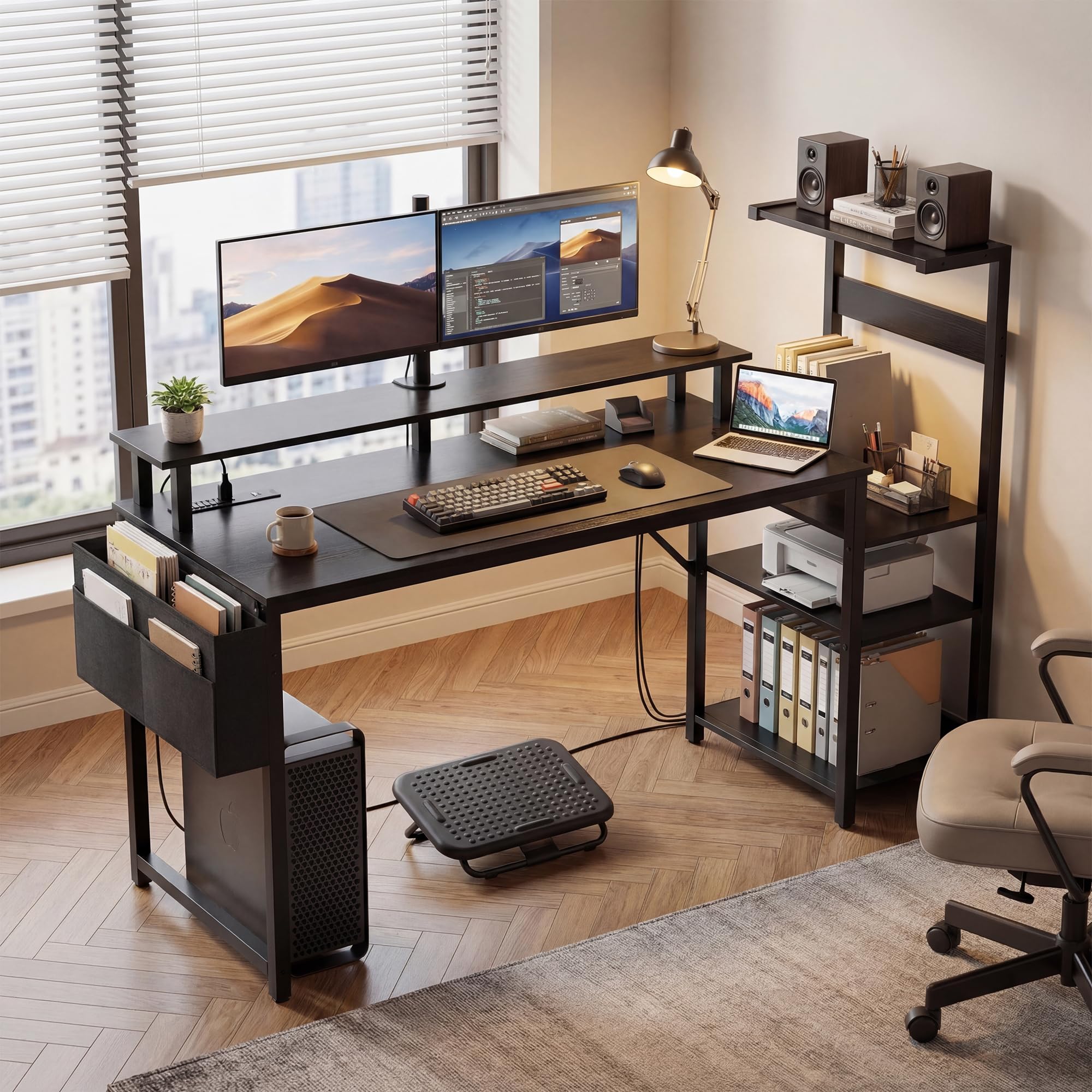 Apicizon 43 Inch Gaming Desk with LED Setup Style, Computer Desk with Storage Shelves & Monitor Stand, Reversible Workstation for Small Space, Home Office Desk Black - Flex Gamingproduct_type
