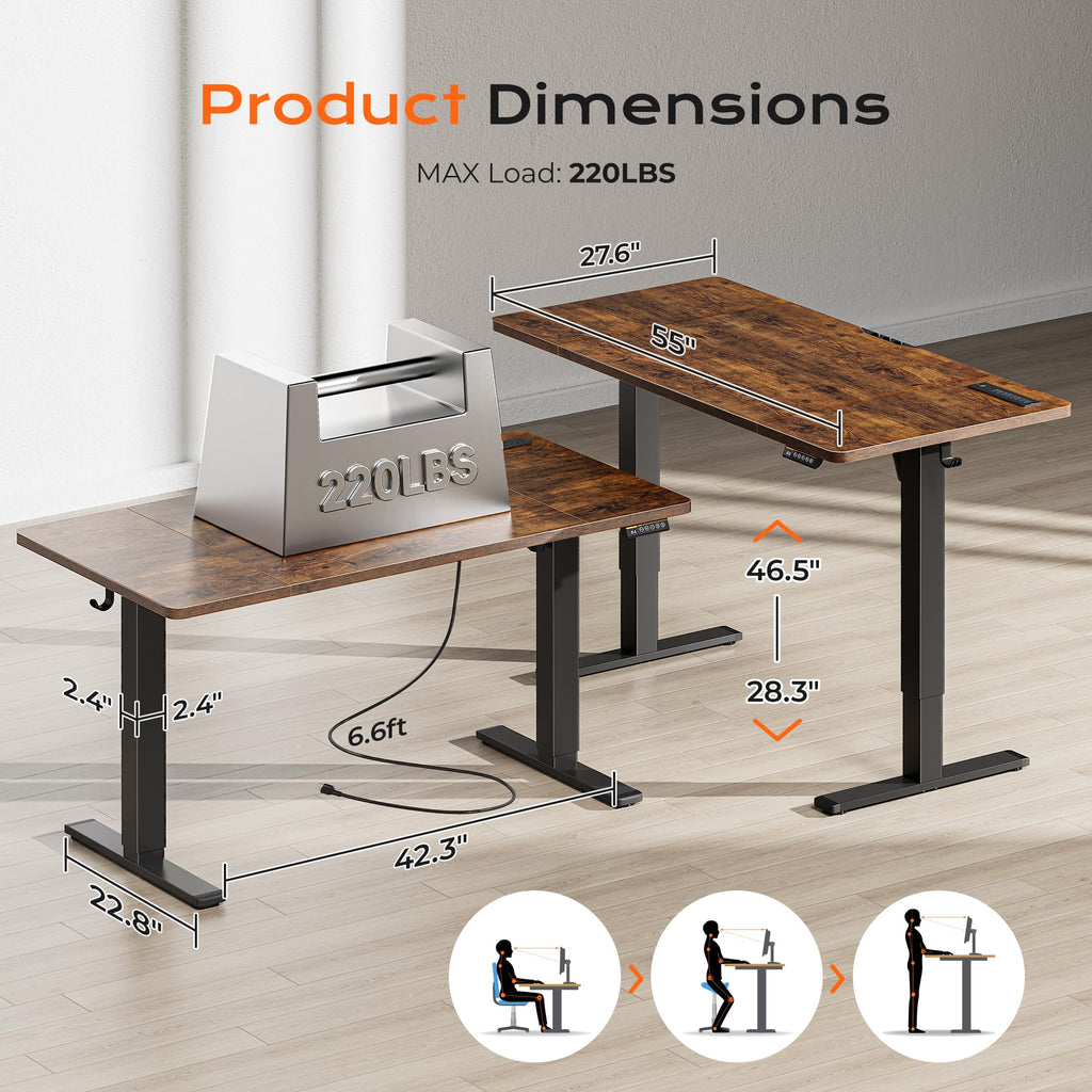 Huuger 55 x 28 Large Electric Standing Desk, Height Adjustable Computer Desk, 27.6" Deep Desktop, Stand up Gaming Office Table with 2 Hooks, 3 Preset Heights, for Home Office, Black - Flex Gamingproduct_type