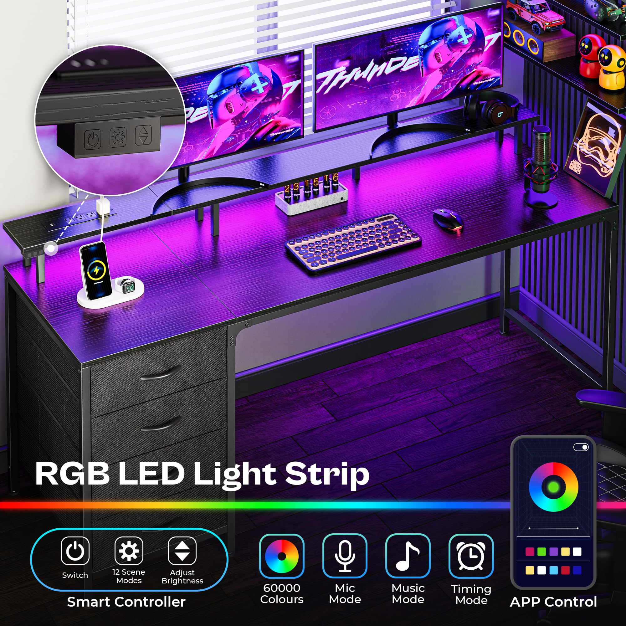 Huuger 47 Inch Computer Desk with Power Outlets and LED Lights, Gaming Desk with 4 Drawers, Office Desk with Monitor Stand, Study Work Home Office, Small Spaces, Black - Flex Gamingproduct_type