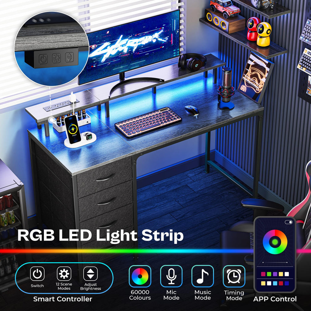 Huuger 47 Inch Computer Desk with Power Outlets and LED Lights, Gaming Desk with 4 Drawers, Office Desk with Monitor Stand, Study Work Home Office, Small Spaces, Black - Flex Gamingproduct_type