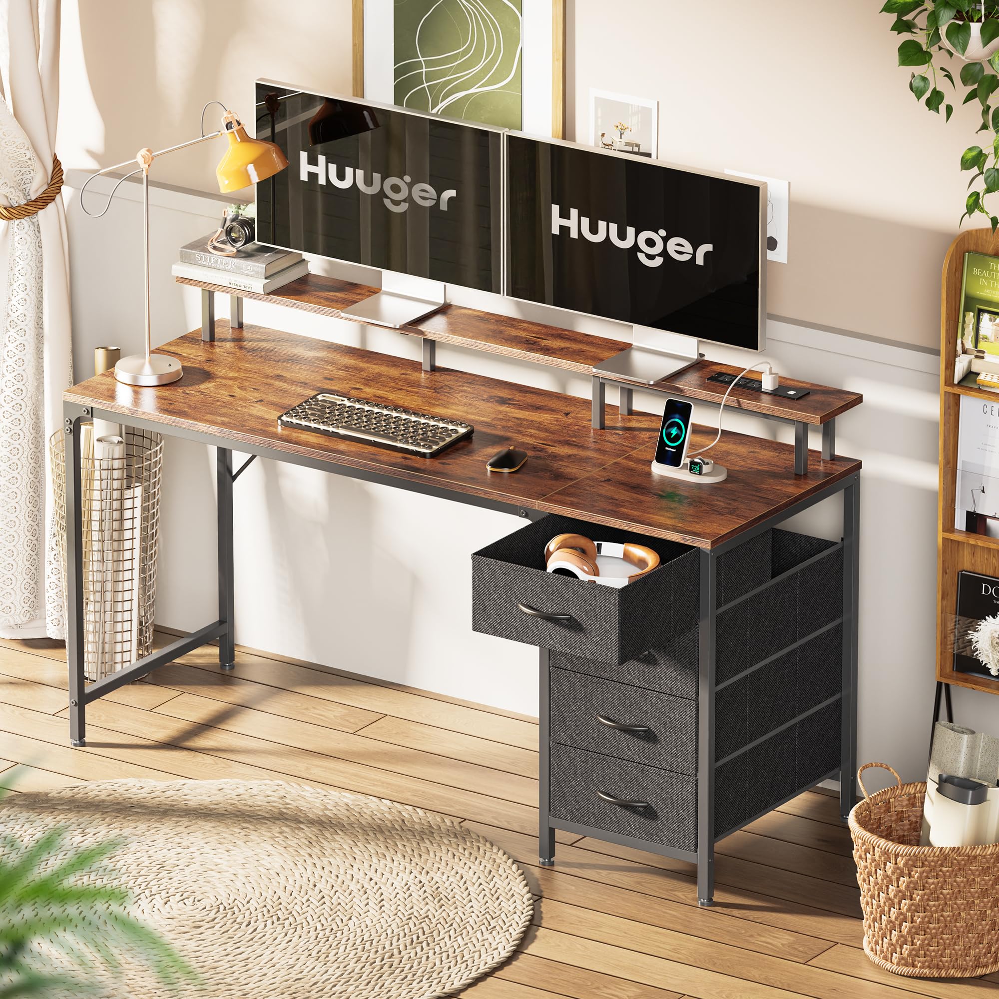 Huuger 47 Inch Computer Desk with Power Outlets and LED Lights, Gaming Desk with 4 Drawers, Office Desk with Monitor Stand, Study Work Home Office, Small Spaces, Black - Flex Gamingproduct_type
