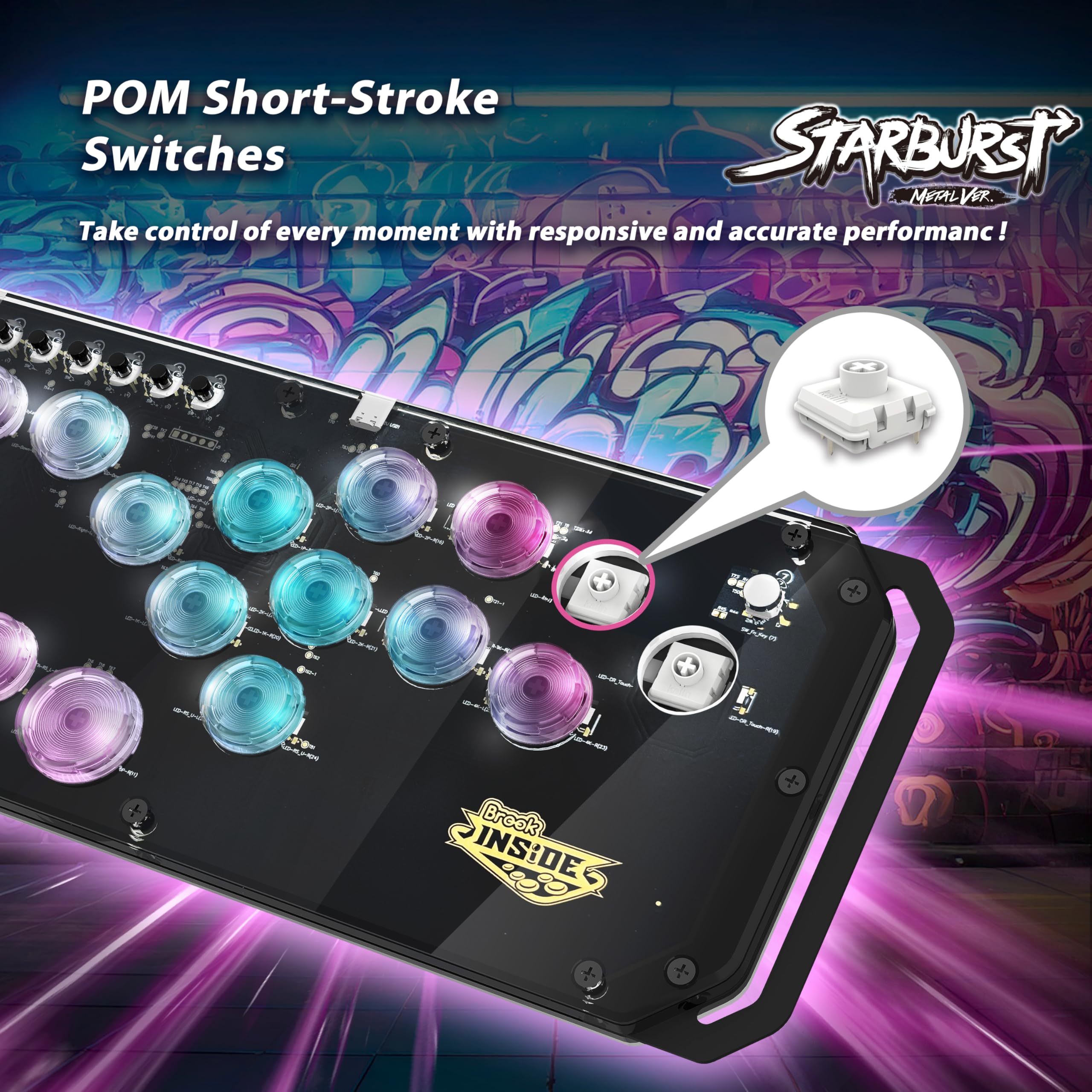 Brook Fighter Starburst Metal Ver. All-Button Arcade Controller for PS5, PS4, Xbox Series X|S, NS, NS2 & PC, Metal Side Handles, Hot-Swappable Switches, RGB Lighting, Officially Licensed (Black) - Flex Gamingproduct_type