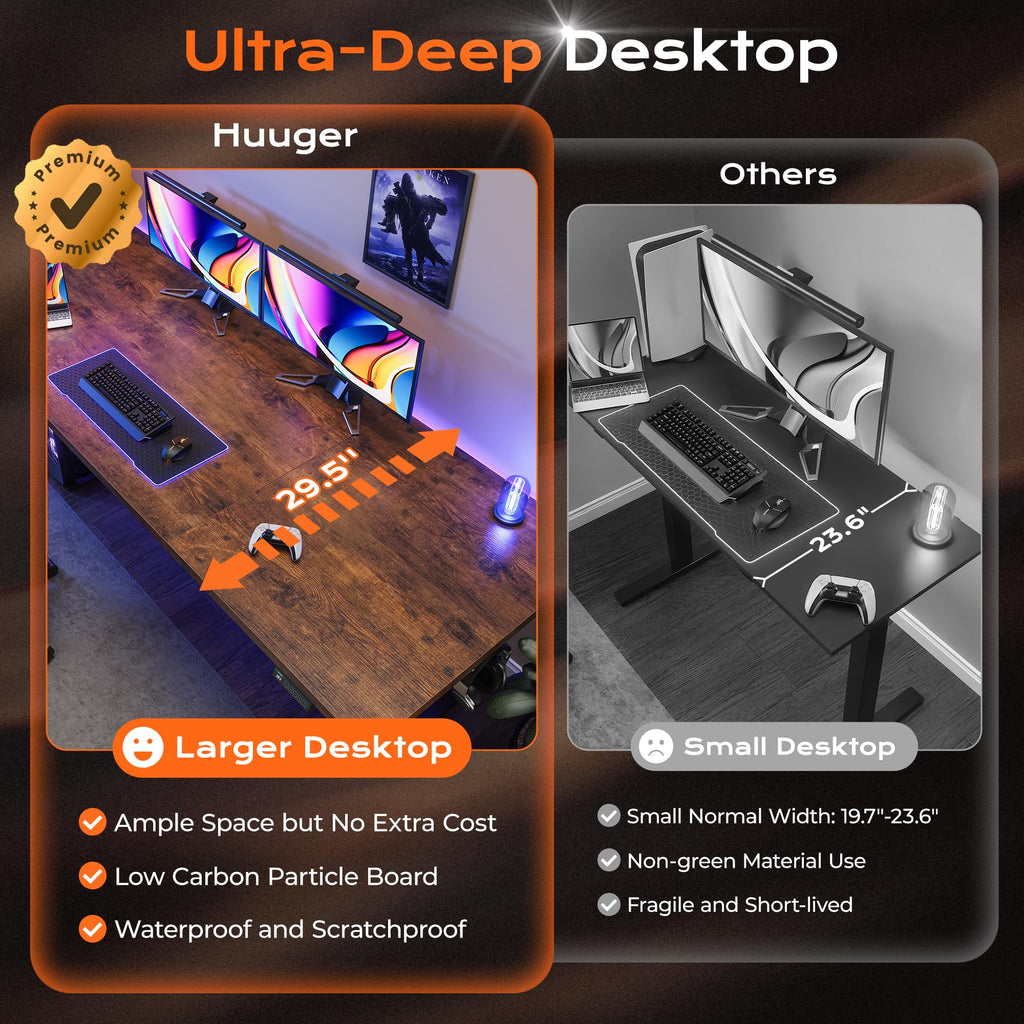 Huuger 55 x 28 Large Electric Standing Desk, Height Adjustable Computer Desk, 27.6" Deep Desktop, Stand up Gaming Office Table with 2 Hooks, 3 Preset Heights, for Home Office, Black - Flex Gamingproduct_type