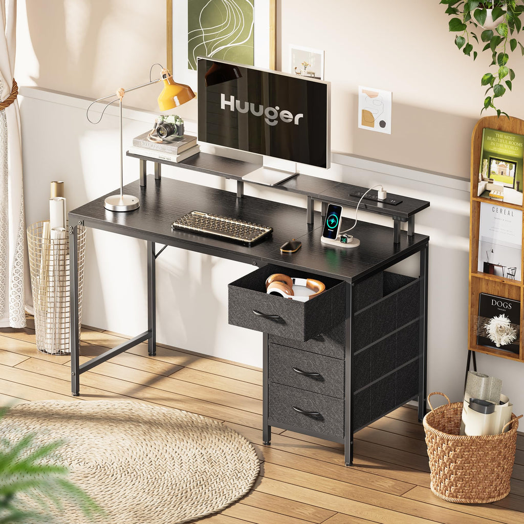 Huuger 47 Inch Computer Desk with Power Outlets and LED Lights, Gaming Desk with 4 Drawers, Office Desk with Monitor Stand, Study Work Home Office, Small Spaces, Black - Flex Gamingproduct_type