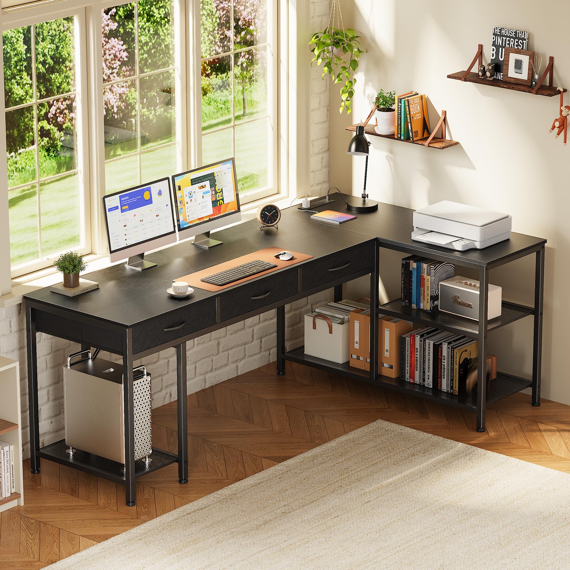 PRAISUN 55 Inch L Shaped Office Desk with Power Outlets and Type-C Port, Large Computer Gaming Desk with 3 Fabric Drawers, Mesh Shelves, Corner Study Work Writing Desk, Rustic Brown - Flex Gamingproduct_type