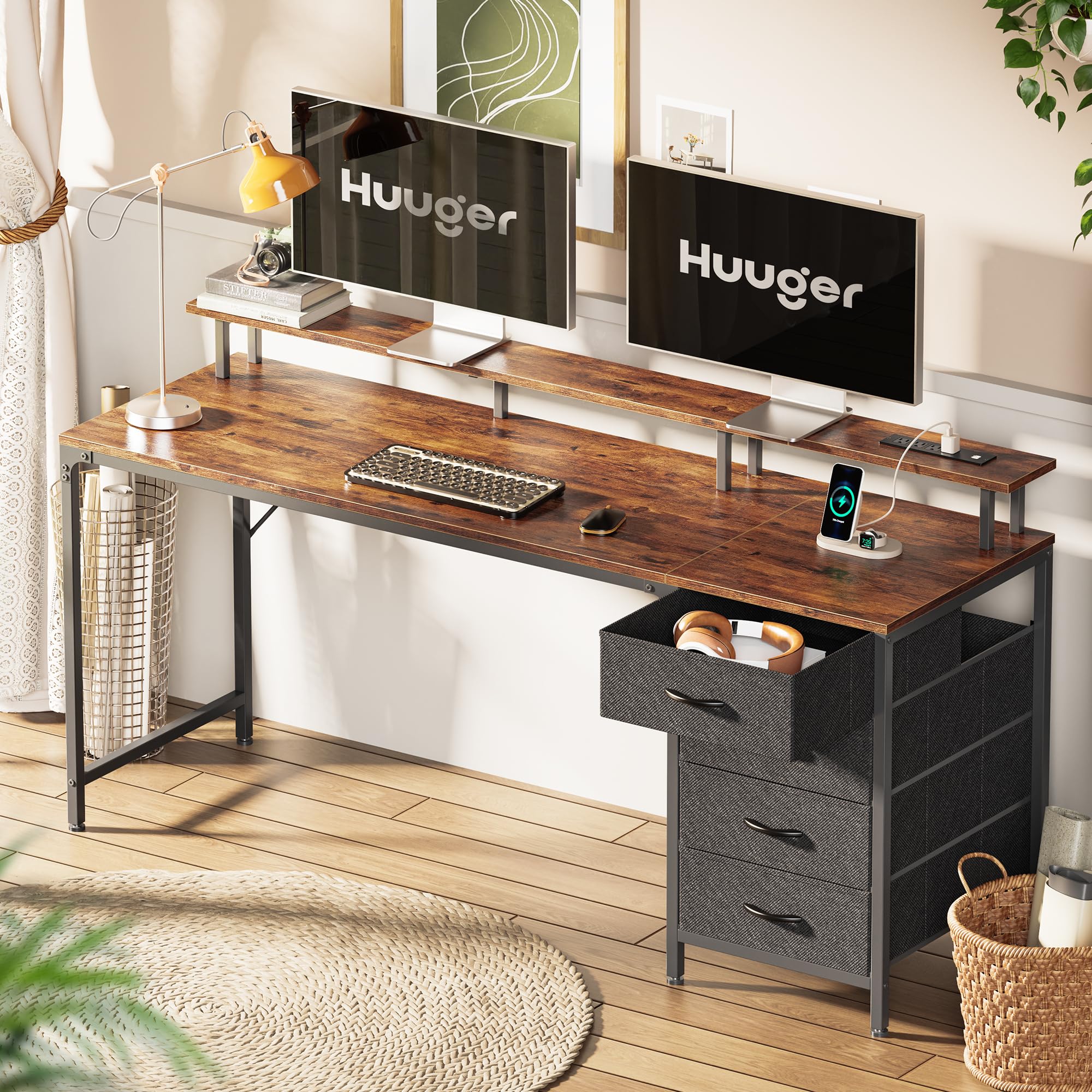 Huuger 47 Inch Computer Desk with Power Outlets and LED Lights, Gaming Desk with 4 Drawers, Office Desk with Monitor Stand, Study Work Home Office, Small Spaces, Black - Flex Gamingproduct_type