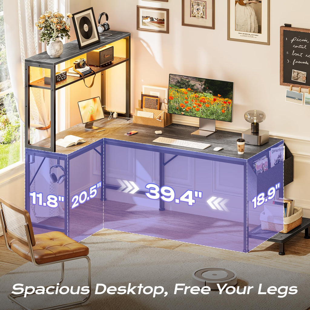 PRAISUN L Shaped Gaming Desk with LED Lights & Power Outlets, Reversible Computer Desk with Storage Shelves & Bag, Large Corner Home Office Desk with Pegboard for Work from Home, Black - Flex Gamingproduct_type