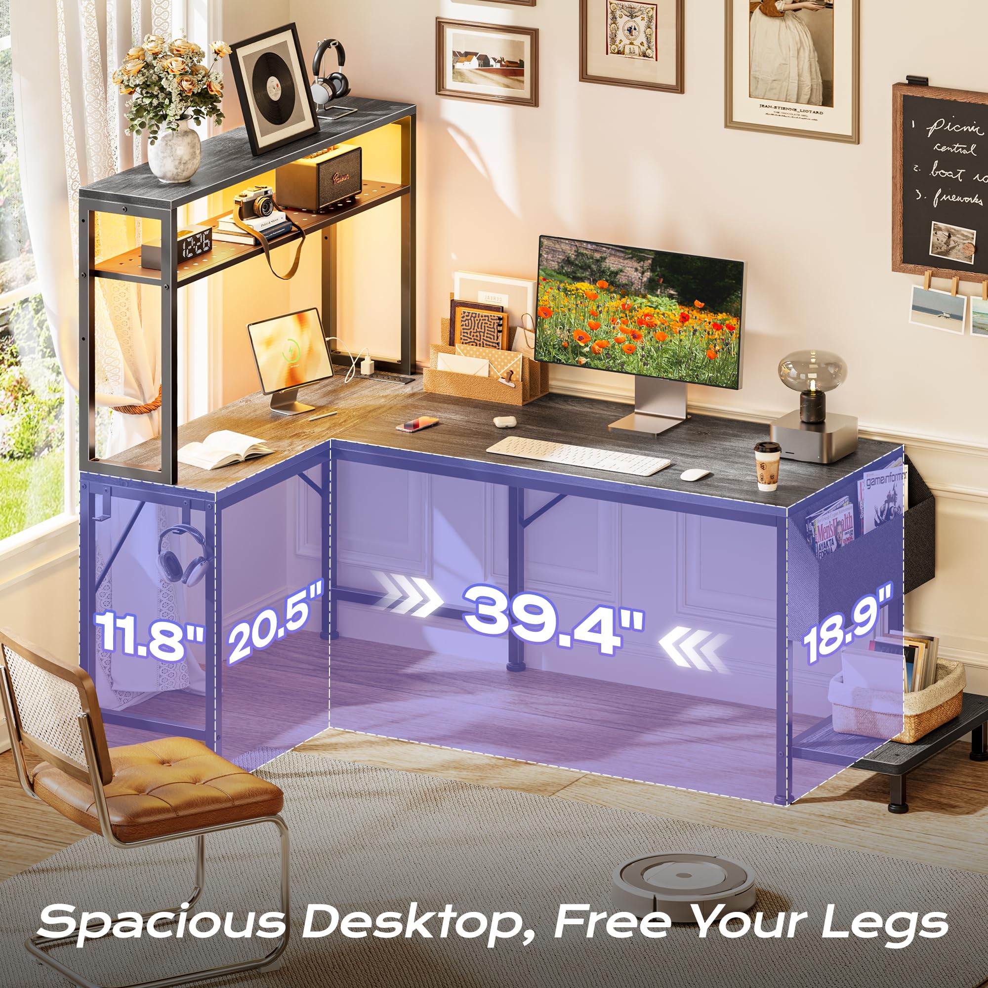 PRAISUN L Shaped Gaming Desk with LED Lights & Power Outlets, Reversible Computer Desk with Storage Shelves & Bag, Large Corner Home Office Desk with Pegboard for Work from Home, Black - Flex Gamingproduct_type