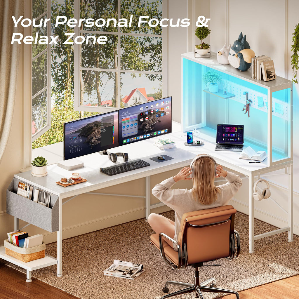 PRAISUN L Shaped Gaming Desk with LED Lights & Power Outlets, Reversible Computer Desk with Storage Shelves & Bag, Large Corner Home Office Desk with Pegboard for Work from Home, Black - Flex Gamingproduct_type