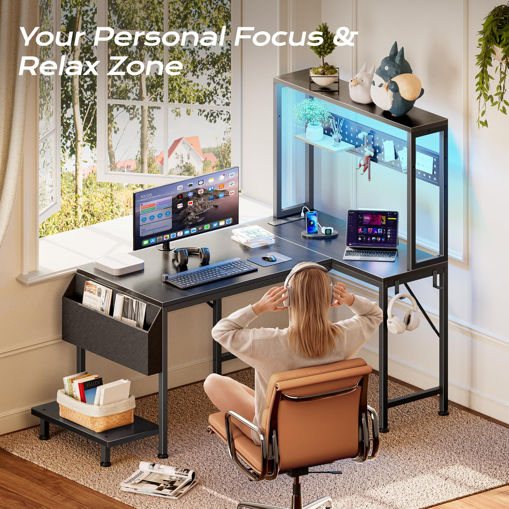 PRAISUN L Shaped Gaming Desk with LED Lights & Power Outlets, Reversible Computer Desk with Storage Shelves & Bag, Large Corner Home Office Desk with Pegboard for Work from Home, Black - Flex Gamingproduct_type
