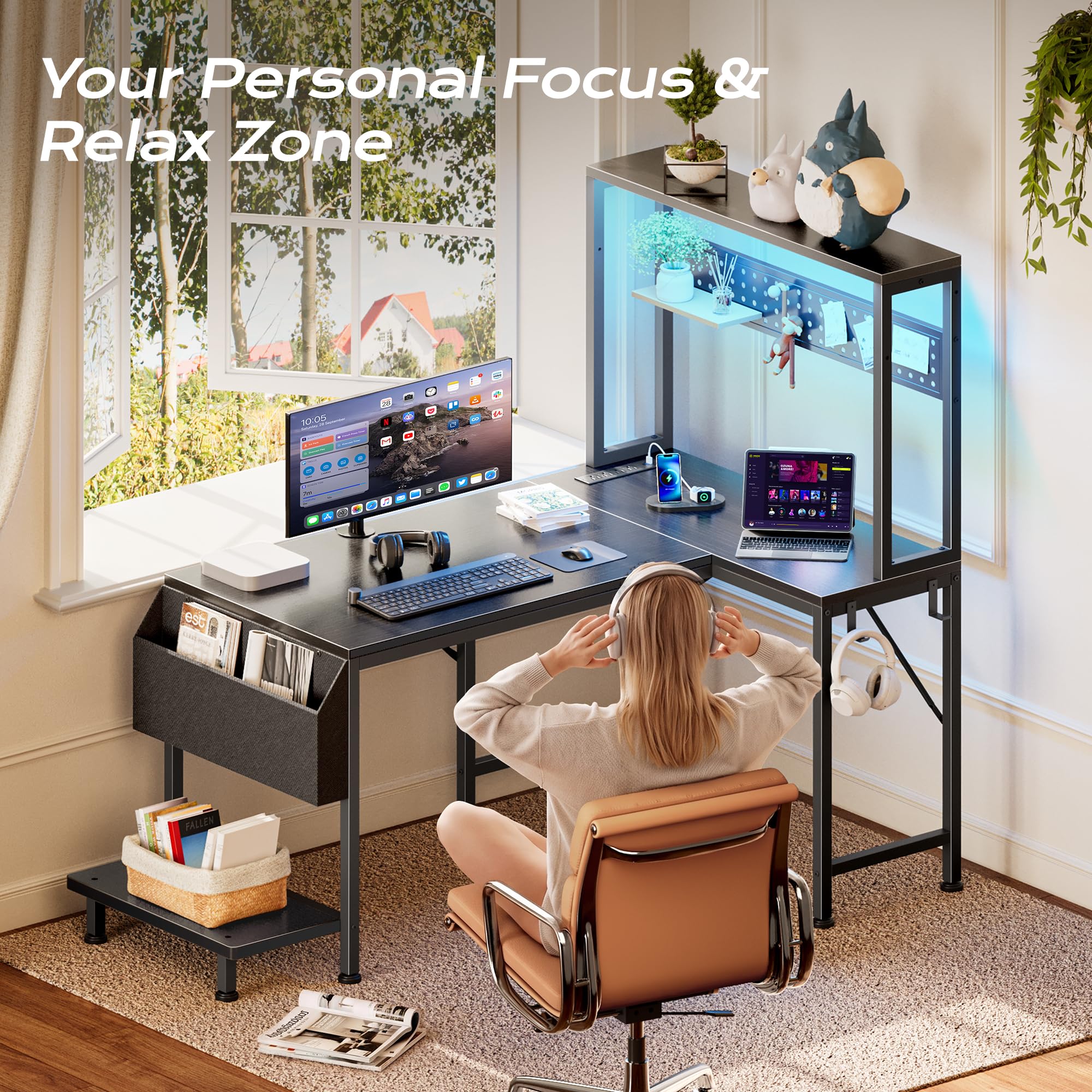 PRAISUN L Shaped Gaming Desk with LED Lights & Power Outlets, Reversible Computer Desk with Storage Shelves & Bag, Large Corner Home Office Desk with Pegboard for Work from Home, Black - Flex Gamingproduct_type