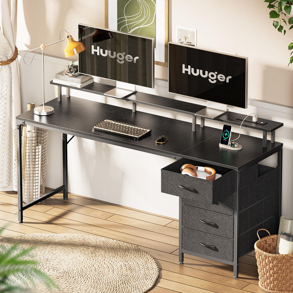 Huuger 47 Inch Computer Desk with Power Outlets and LED Lights, Gaming Desk with 4 Drawers, Office Desk with Monitor Stand, Study Work Home Office, Small Spaces, Black - Flex Gamingproduct_type