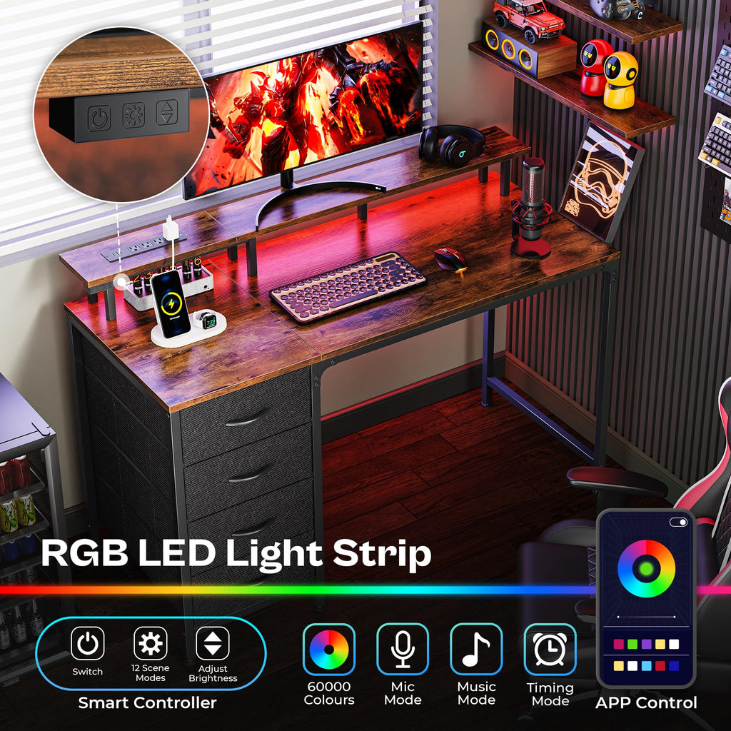 Huuger 47 Inch Computer Desk with Power Outlets and LED Lights, Gaming Desk with 4 Drawers, Office Desk with Monitor Stand, Study Work Home Office, Small Spaces, Black - Flex Gamingproduct_type