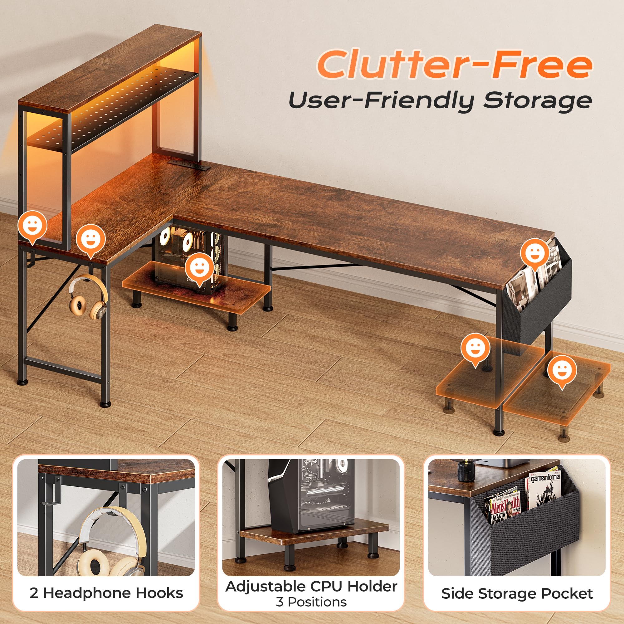 PRAISUN L Shaped Gaming Desk with LED Lights & Power Outlets, Reversible Computer Desk with Storage Shelves & Bag, Large Corner Home Office Desk with Pegboard for Work from Home, Black - Flex Gamingproduct_type