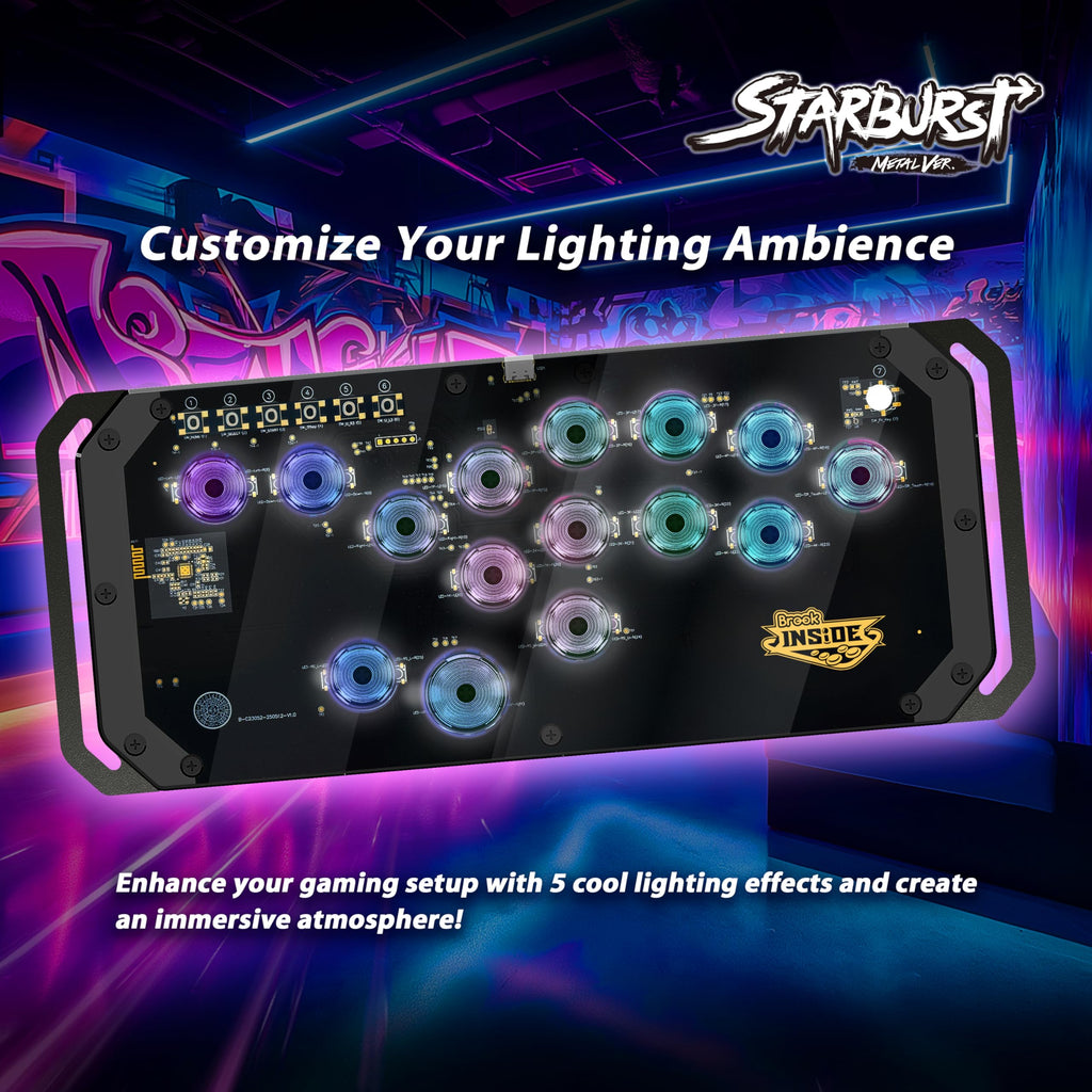 Brook Fighter Starburst Metal Ver. All-Button Arcade Controller for PS5, PS4, Xbox Series X|S, NS, NS2 & PC, Metal Side Handles, Hot-Swappable Switches, RGB Lighting, Officially Licensed (Black) - Flex Gamingproduct_type