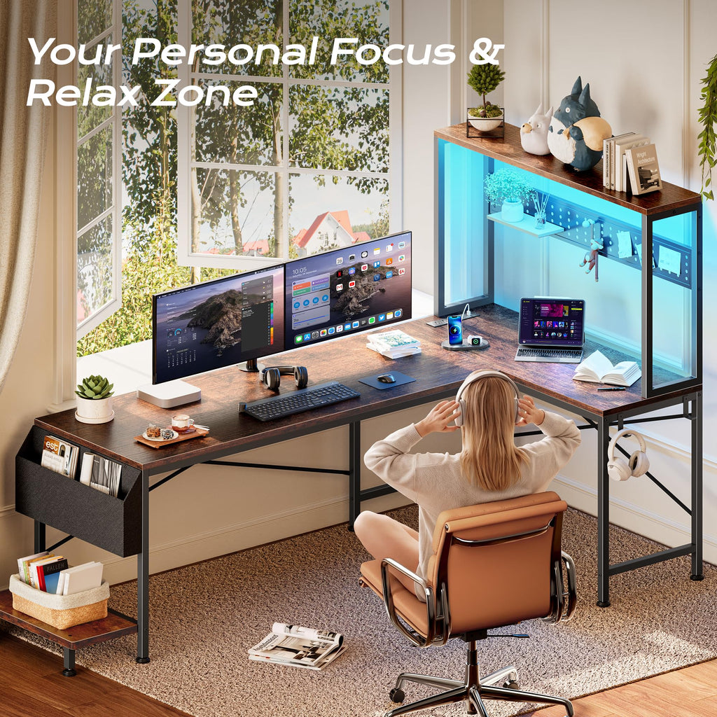 PRAISUN L Shaped Gaming Desk with LED Lights & Power Outlets, Reversible Computer Desk with Storage Shelves & Bag, Large Corner Home Office Desk with Pegboard for Work from Home, Black - Flex Gamingproduct_type