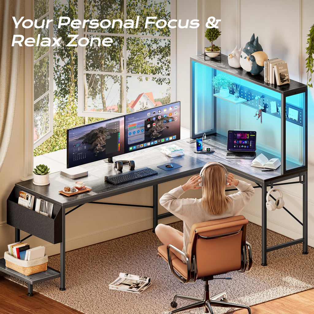 PRAISUN L Shaped Gaming Desk with LED Lights & Power Outlets, Reversible Computer Desk with Storage Shelves & Bag, Large Corner Home Office Desk with Pegboard for Work from Home, Black - Flex Gamingproduct_type