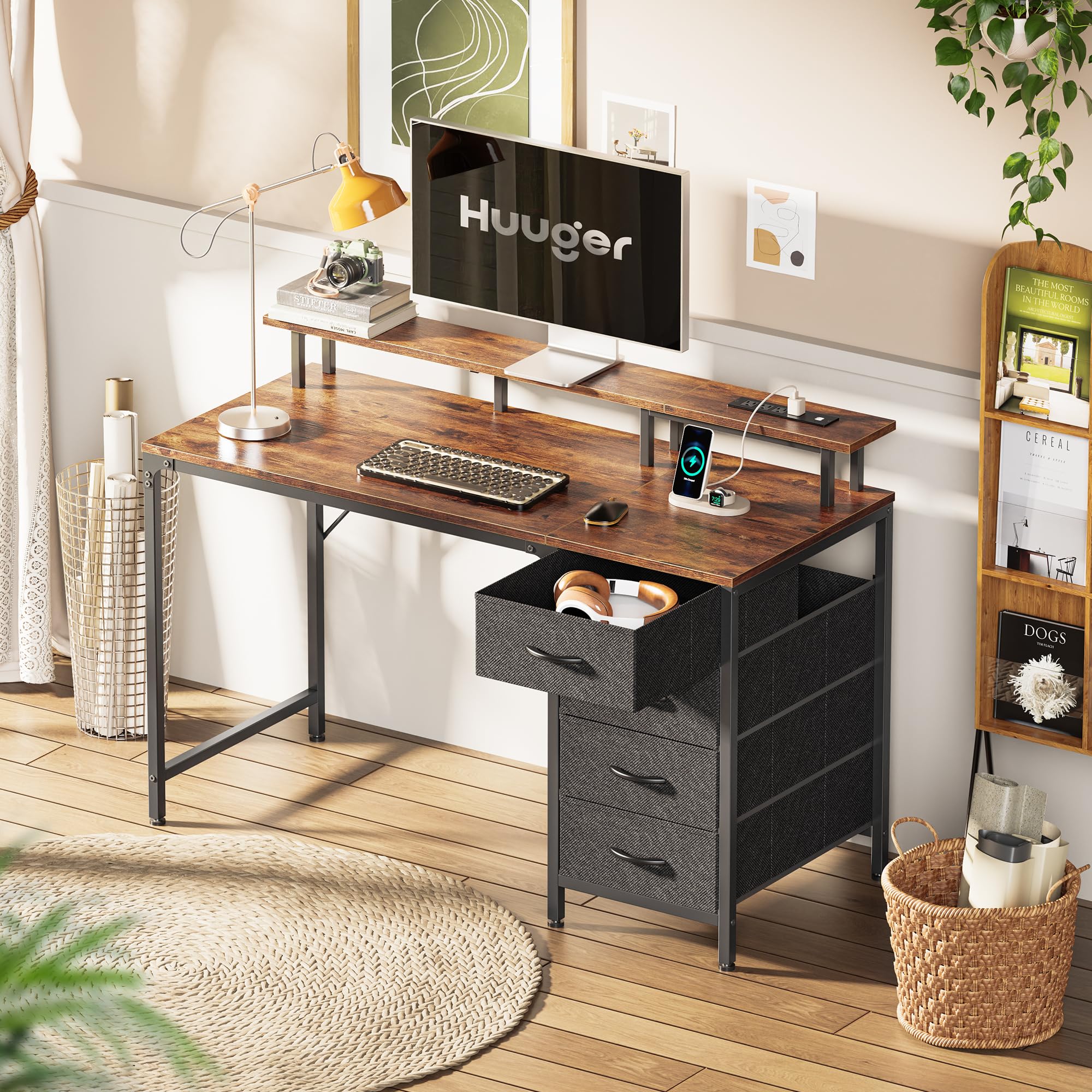 Huuger 47 Inch Computer Desk with Power Outlets and LED Lights, Gaming Desk with 4 Drawers, Office Desk with Monitor Stand, Study Work Home Office, Small Spaces, Black - Flex Gamingproduct_type