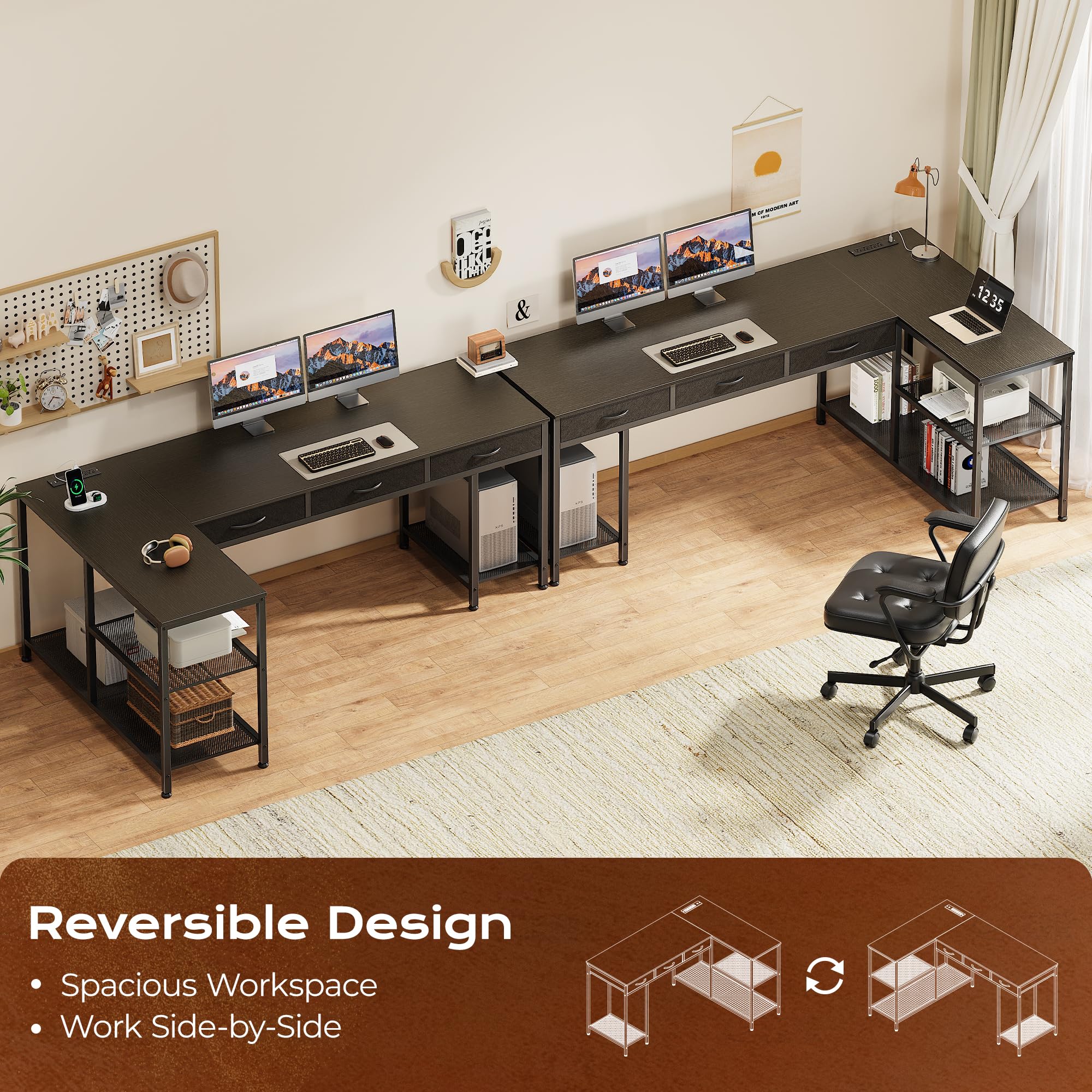 PRAISUN 55 Inch L Shaped Office Desk with Power Outlets and Type-C Port, Large Computer Gaming Desk with 3 Fabric Drawers, Mesh Shelves, Corner Study Work Writing Desk, Rustic Brown - Flex Gamingproduct_type