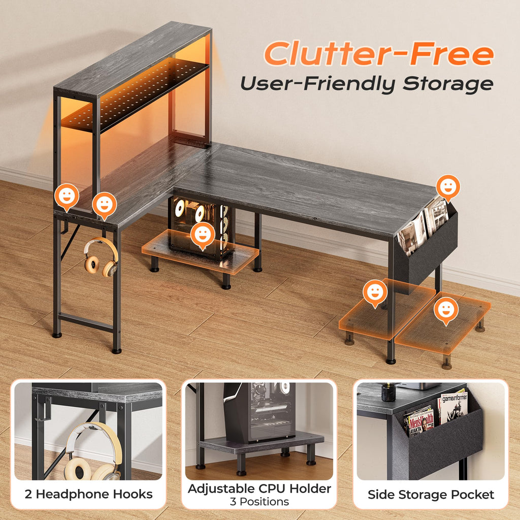PRAISUN L Shaped Gaming Desk with LED Lights & Power Outlets, Reversible Computer Desk with Storage Shelves & Bag, Large Corner Home Office Desk with Pegboard for Work from Home, Black - Flex Gamingproduct_type