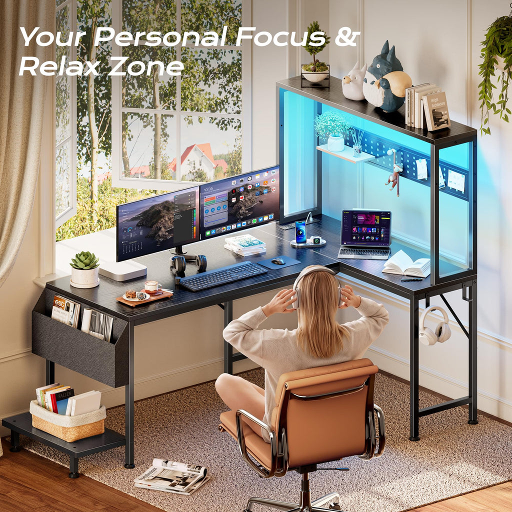 PRAISUN L Shaped Gaming Desk with LED Lights & Power Outlets, Reversible Computer Desk with Storage Shelves & Bag, Large Corner Home Office Desk with Pegboard for Work from Home, Black - Flex Gamingproduct_type