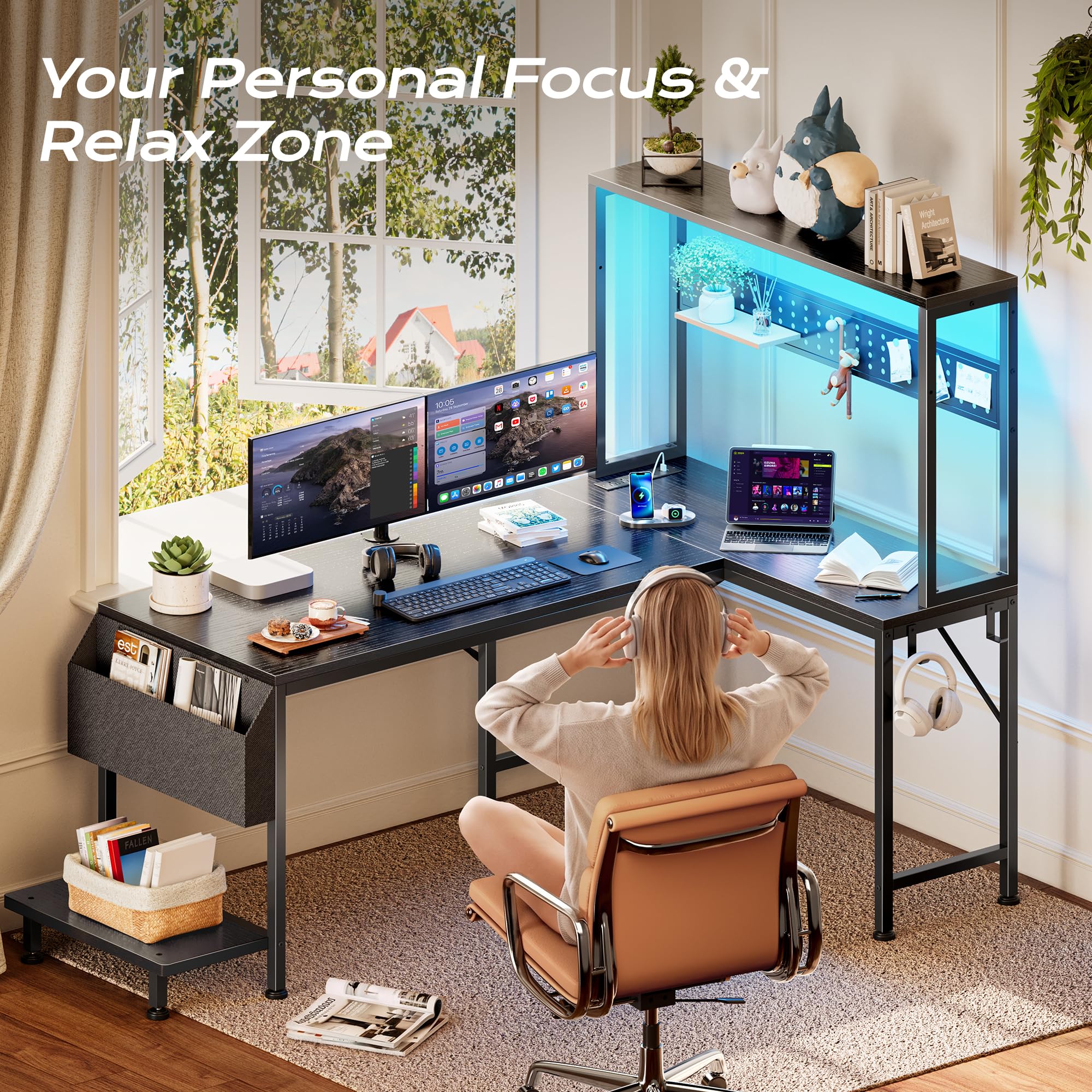 PRAISUN L Shaped Gaming Desk with LED Lights & Power Outlets, Reversible Computer Desk with Storage Shelves & Bag, Large Corner Home Office Desk with Pegboard for Work from Home, Black - Flex Gamingproduct_type
